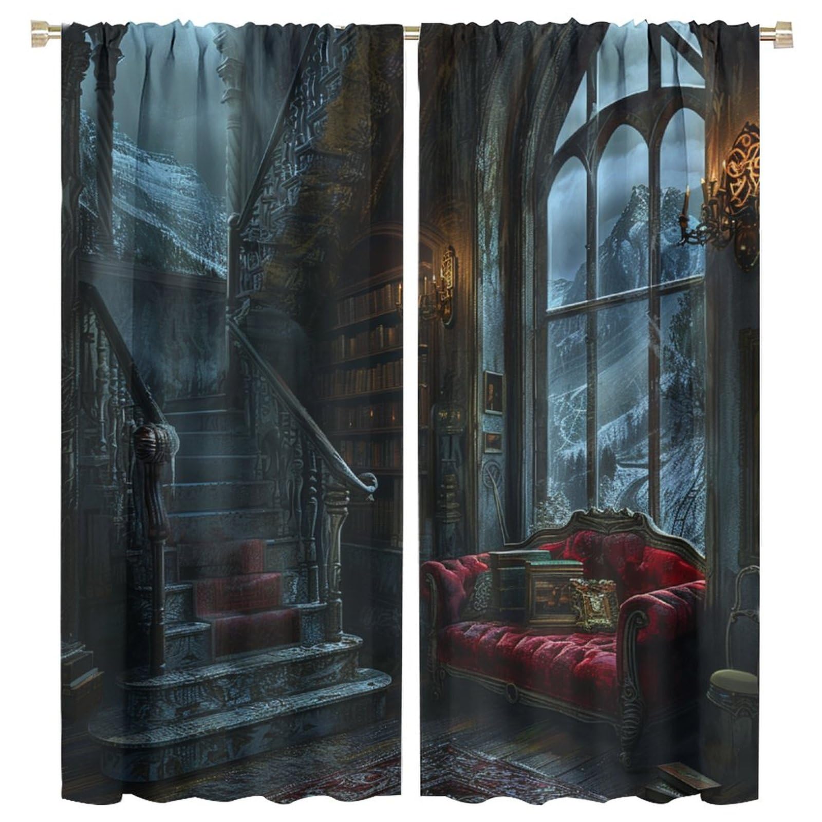 Brebasf Classical Western Gothic Arch Blackout Curtains,Watercolor Mid Century Castle Aesthetics Winter Forest Thermal Insulated Rod Pocket Curtains/