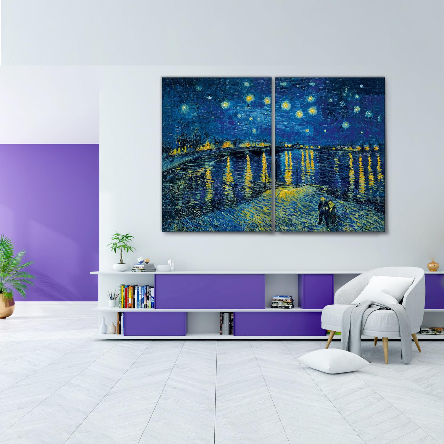 Giallobus - Quadri Grande Formato XXL - Vincent Van Gogh - Artisti Famosi - Notte Stellata sul Rodano - Tela Canvas - 204x140cm | 2pcs. x 100x140cm - Pronto da Appendere - Quadri Moderni per la casa
