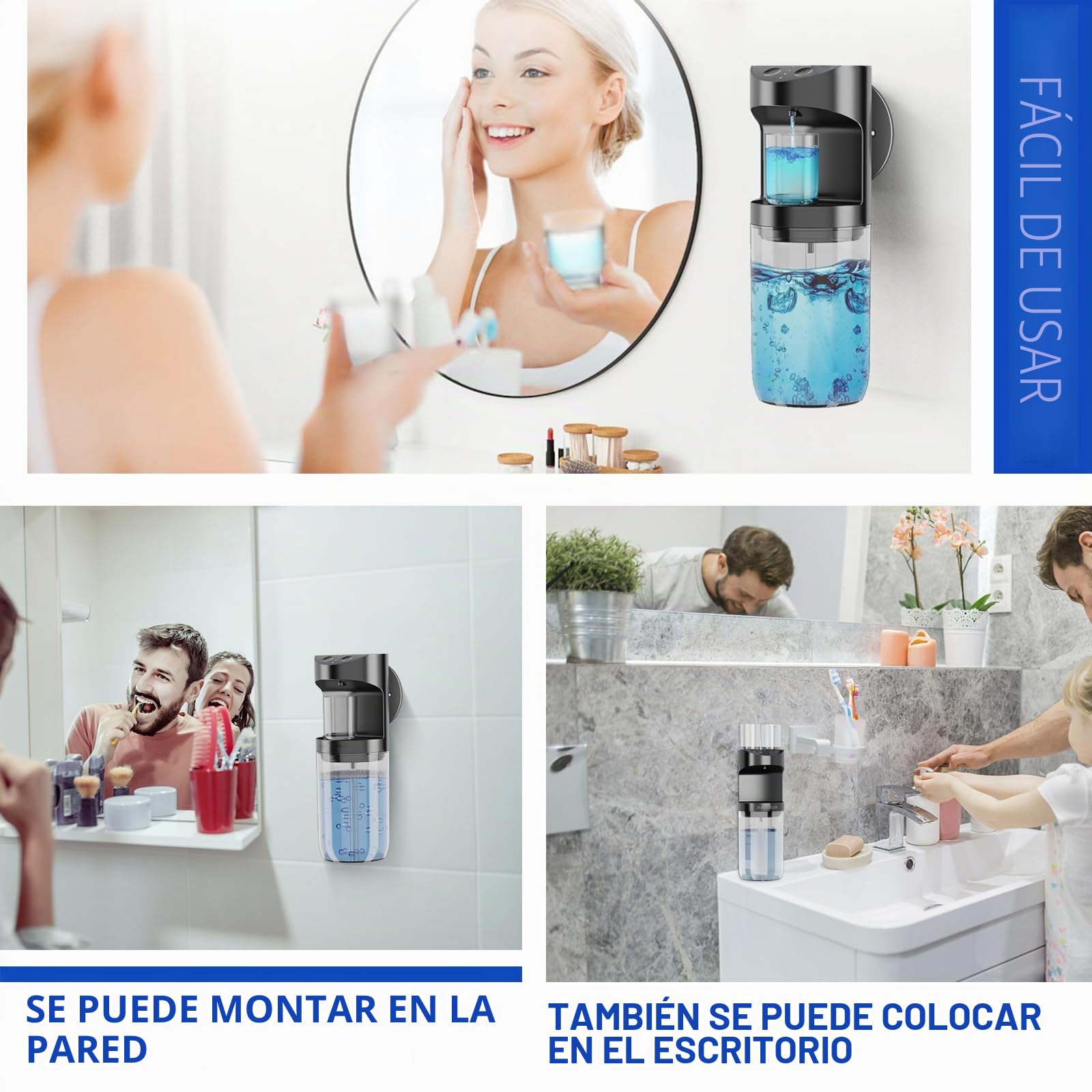 Dispensador de Enjuague Bucal Baño,550ML Automático Dosificador de Enjuague Bucal,USB Recargable Dispensador Jabon con 2 Magnéticos Vasos Plastico,para Adultos y Niños,Negro