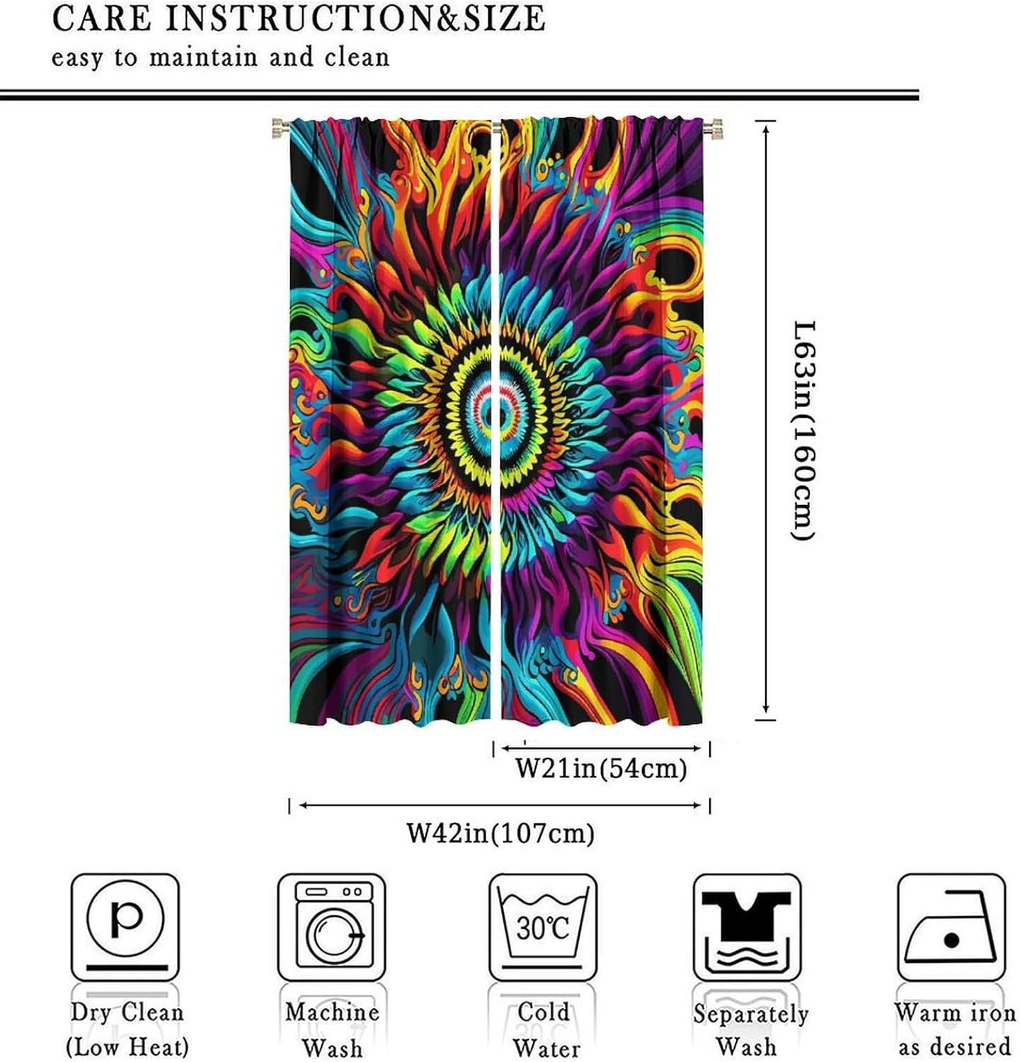 Tie Dye Curtains - Boho Hippie Style with Rainbow Patterns for Bedroom & Living Room, Multicolor Swirl & Flame Design 2 Panels W42xL63 Inch image 2