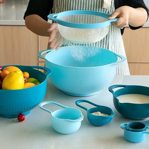 Miniatura 5 de Juego de 8 tazones de mezcla de plástico para anidar, accesorios de cocina para apartamentos que ahorran espacio, incluye tazas medidoras, colador