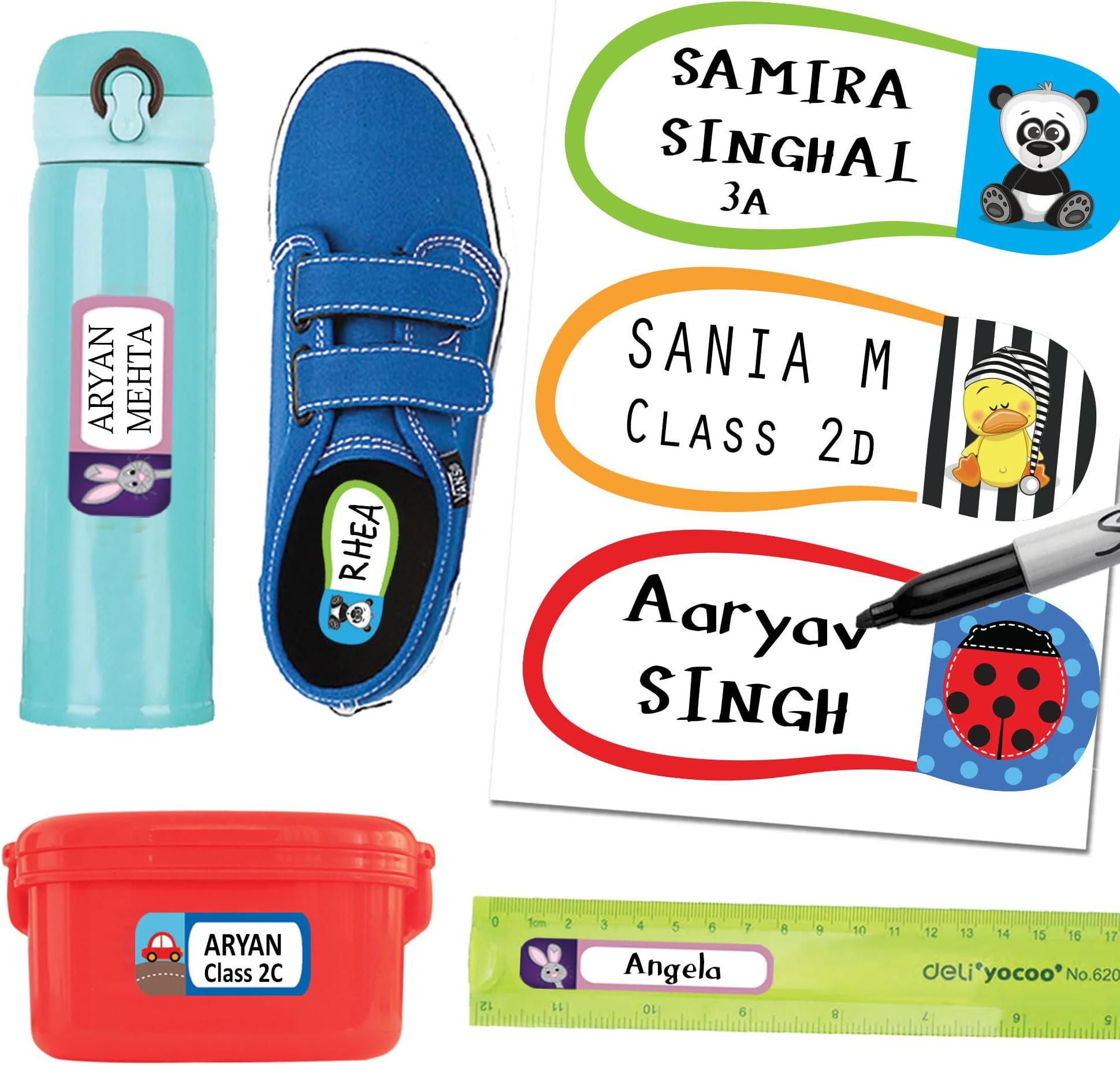96 Write-on Stickers for Kids in 4 Sizes | Waterproof Stickers for Bottles, Shoes, Lunch Box, Baby Bottles etc.| Self-Adhesive Name Stickers Label for School | Cute Stickers for Kids |