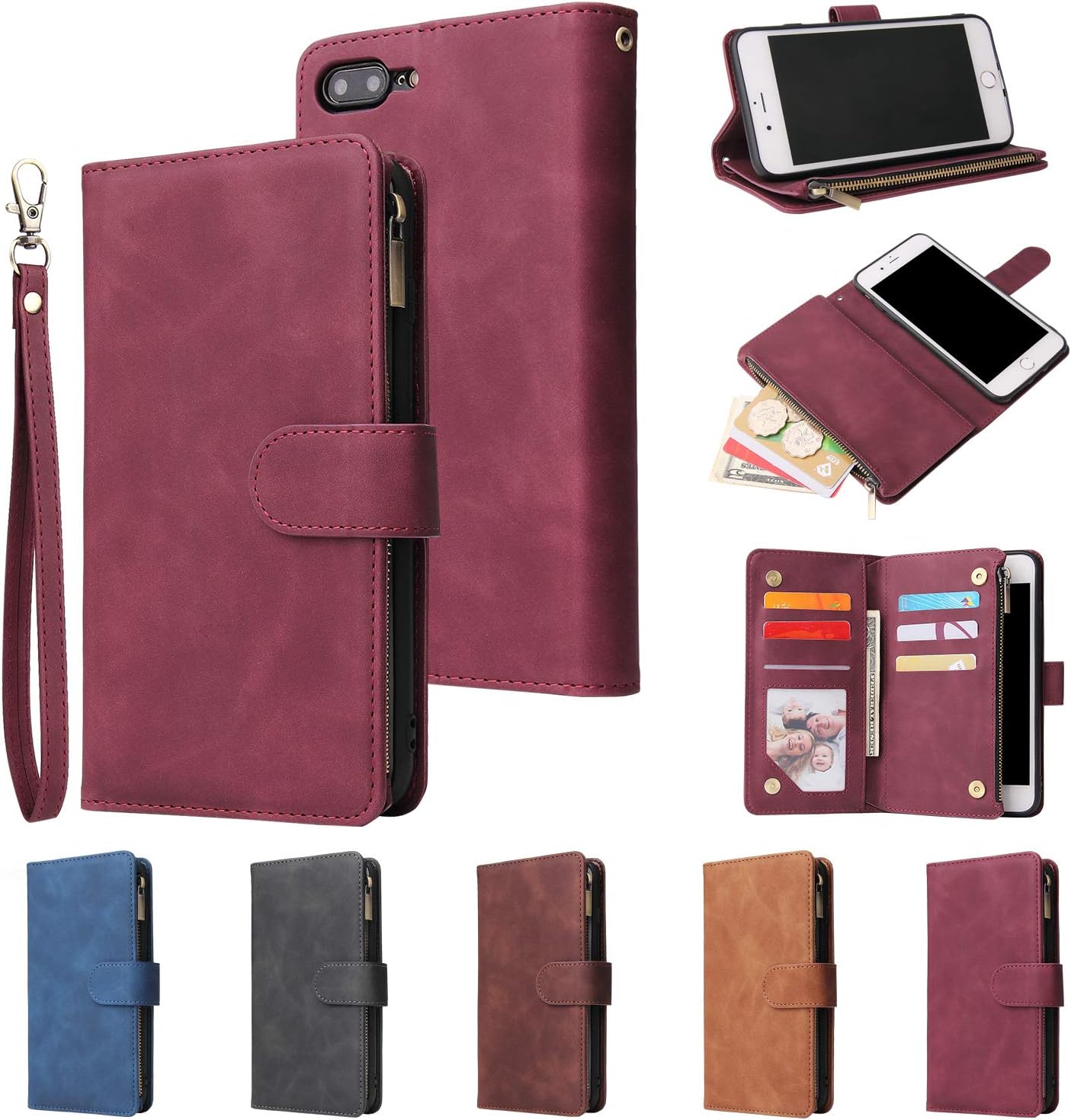 UEEBAI Wallet Case for iPhone 7 Plus/iPhone 8 Plus, PU Leather Case Magnetic Closure Handbag Zipper Pocket Case Kickstand Card Slots with Hand Strap Marple Flip Case for Women - Wine Red - Image 8