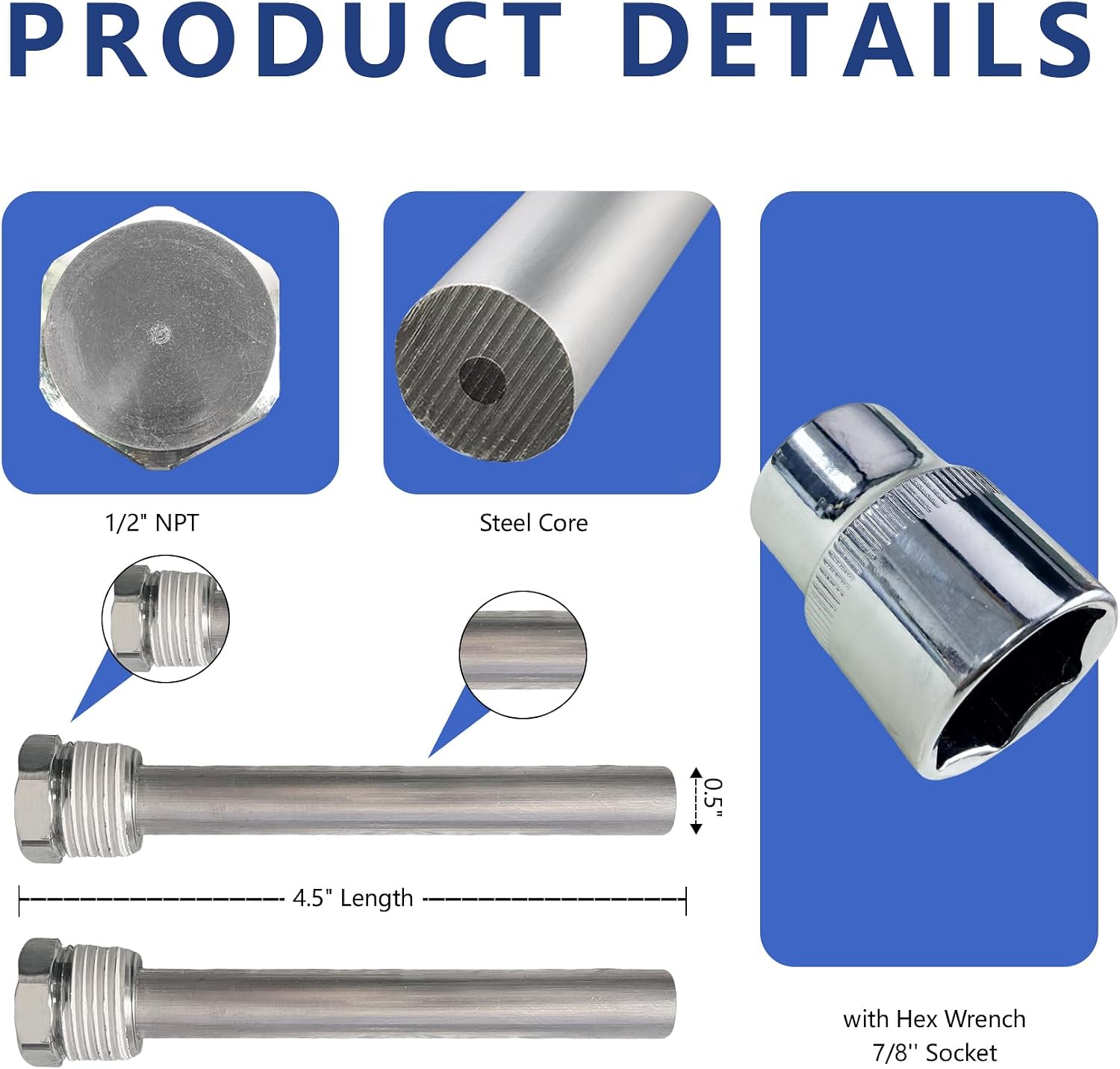 RV Water Heater Anode Rod for Atwood Dometic, 4.5" L x 1/2" NPT Magnesium Anode Rod for Hot Water Heater RV Anode Rod with Hex Wrench Socket, Galvanized Nuts, 2-Pack