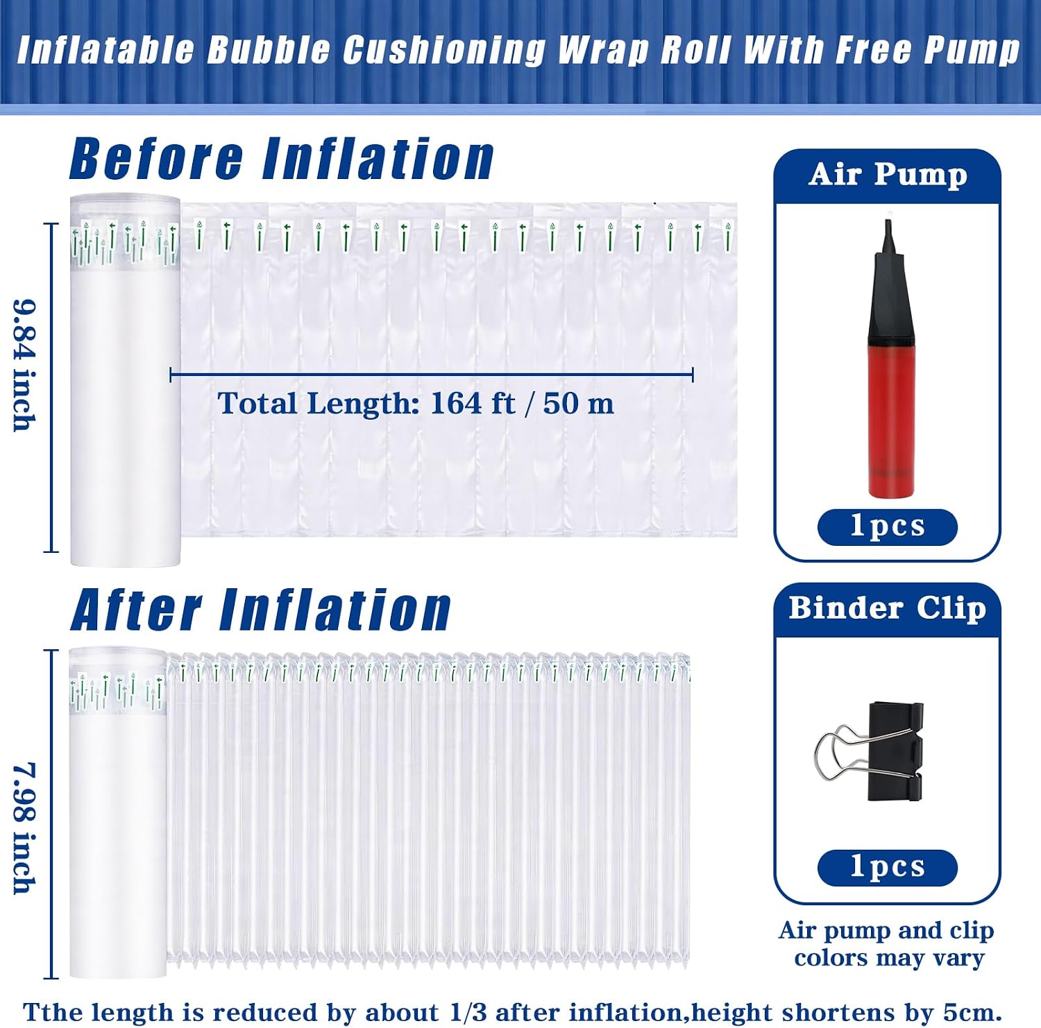 Extra Thick Air Pillows For Shipping,9.84 inch x 164 ft Heavy Duty Inflatable Bubble Wrap Shipping Air Pillows for for Moving Shipping Packaging, Recyclable