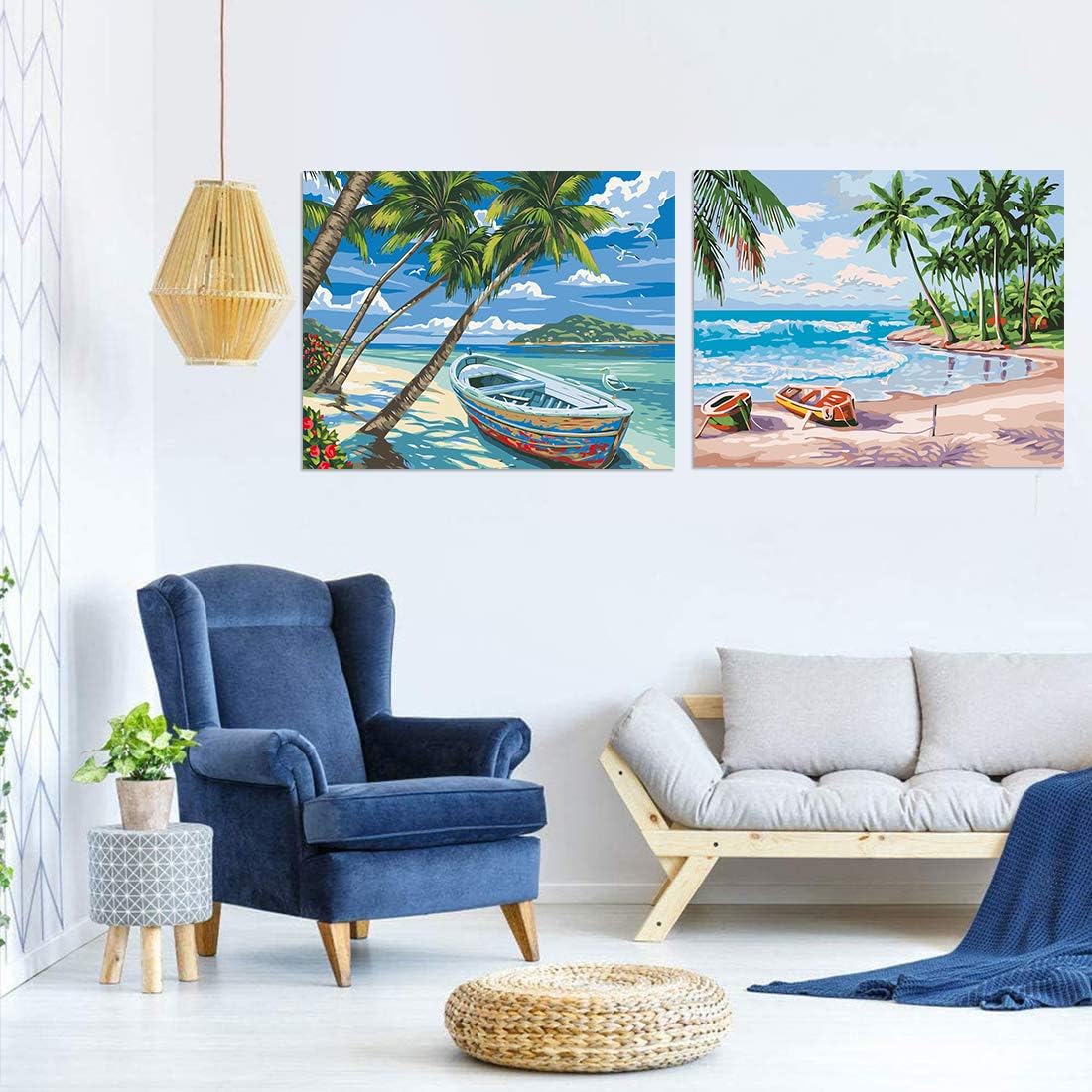 (2 Pack) Fycert DIY Paint by Numbers Kits,Canvas Oil Painting Set for Adults Beginner, 20" L x 16" W Drawing Paintwork with Paintbrushes,Acrylic Pigment-Seaside Boat