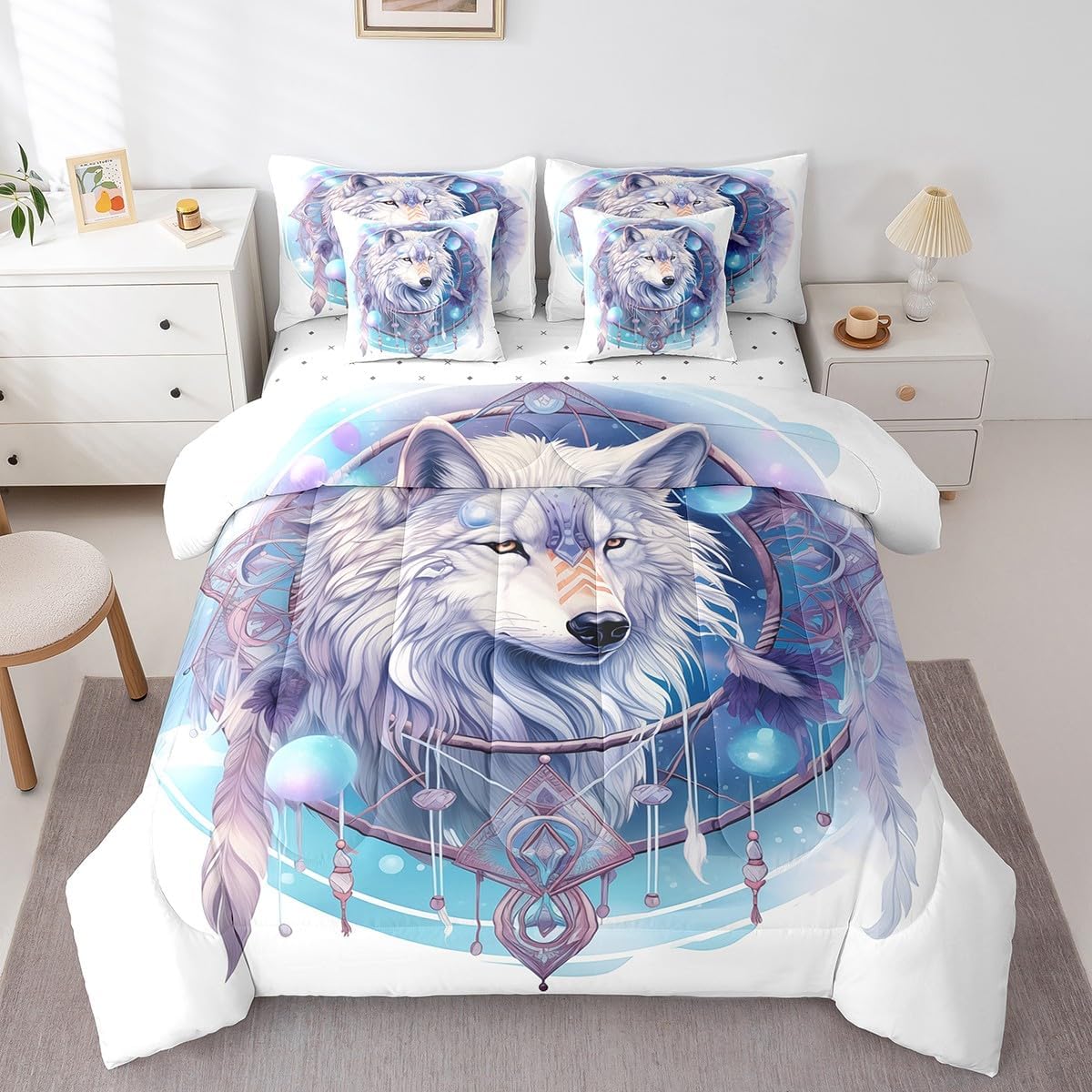 Dreamcatcher Wolf Comforter Queen Boho Chic Feather Comforter Set With Sheets White Wolf Comforter Set Bed In A Bag(1 Comforter, 1 Flat Sheet 1 Fitted Sheet 2 Pillowcases And 2 Throw Pillow Covers)