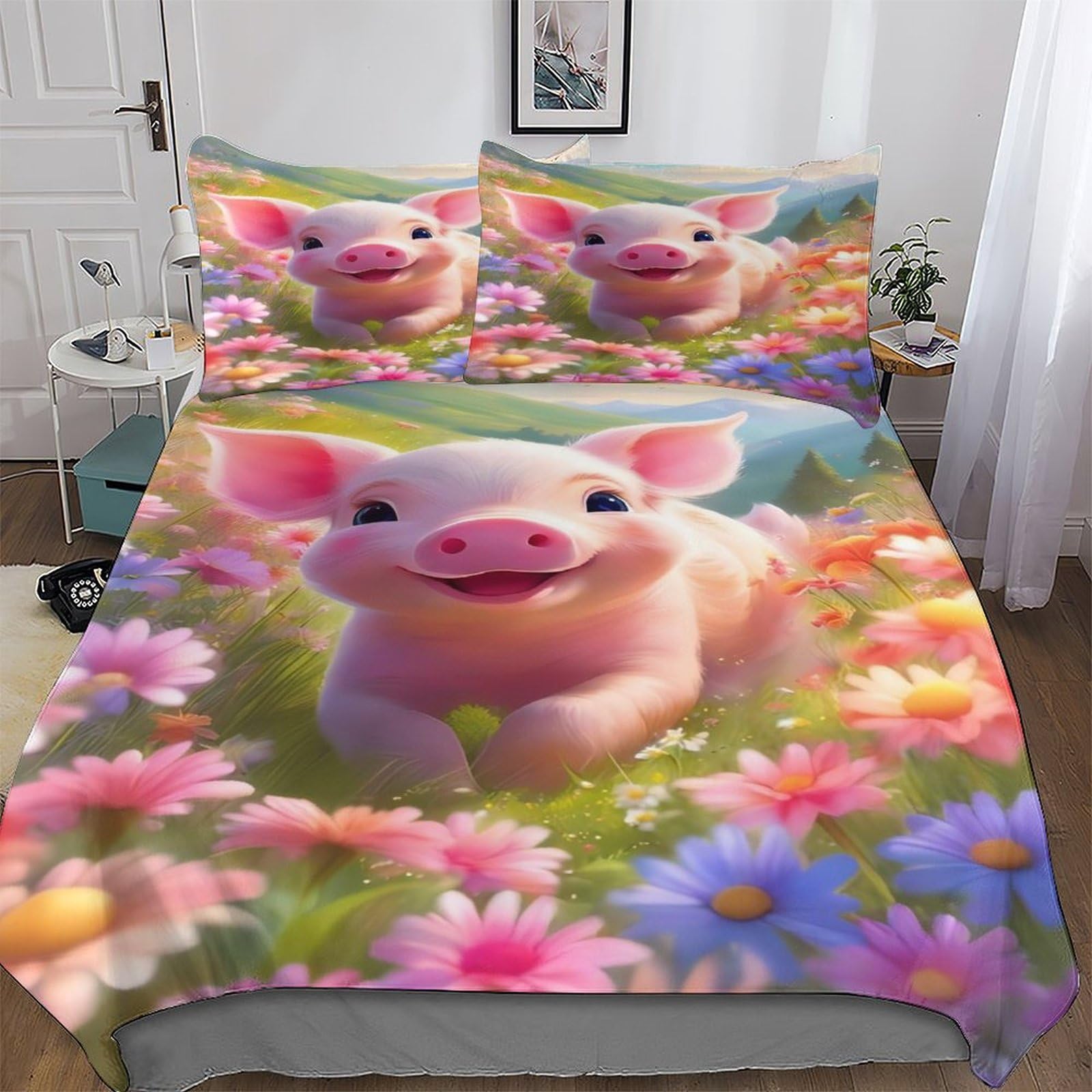 Parure de lit cochon mignon 3D avec housse de couette en microfibre King