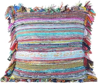 EYES OF INDIA - 24 " Grand Bleu Chindi Tapis Oreiller Décoratif Canapé Coussin Étui Housse Canapé Inde Bohème Accent plein de Couleurs Boho Chic Fait à la Main Housse