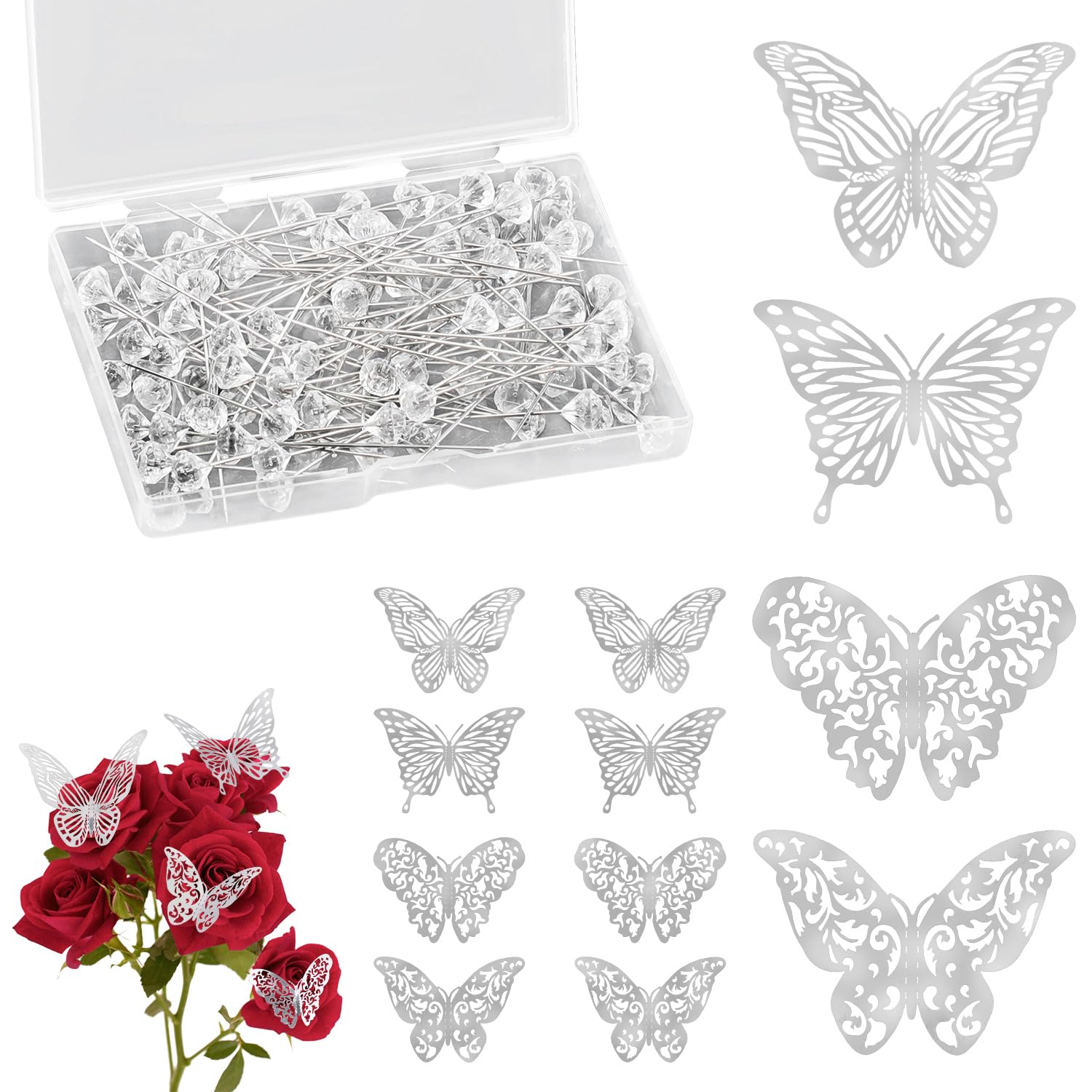 148 Stück Blumenstrauß-Anstecknadeln und 3D-Silber-Schmetterlings-Wanddekor-Set, Blumen-Diamant-Pins mit Schmetterlings-Aufklebern für Hochzeit, Muttertag, Party, Geburtstag, Valentinstag