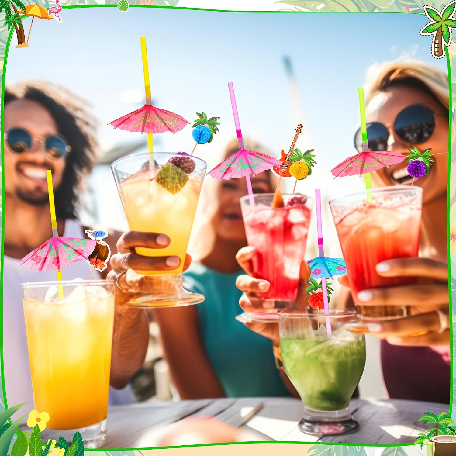 265 PCS Drink Umbrellas, Cocktail Umbrellas, Fruit Picks Tropical Party Accessories, Colorful Straws for Tropical Luau Beach Pool Bar Hawaiian Party Decorations