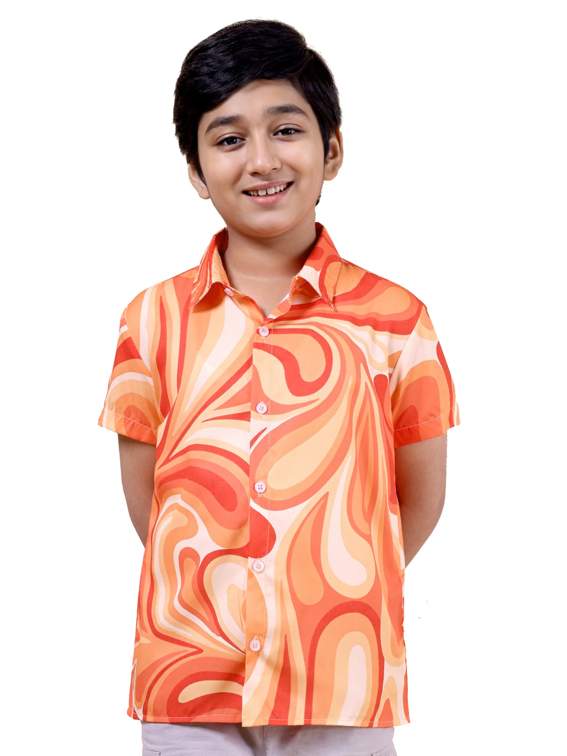 ENCIGER Boys Printed Casual Half Sleeve Shirt Button Down Beach Shirt for Kids (KS1_Orange Red_10_11Y)