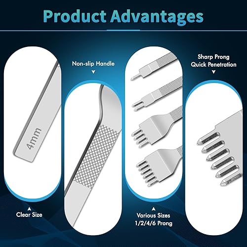 Miniatura 9 de 4 punzones de piel para perforar agujeros de piel, 1246 punzones, acero blanco, cincel de piel, herramientas de perforación de acero inoxidable