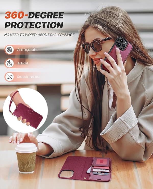 OCASE for iPhone 15 Pro Case Detachable Wallet Case with Card Holder, 2 in 1 Pu Leather Flip Folio with RFID Blocking Stand Wrist Strap Shockproof Phone Cover 6.1 Inch, Burgundy by OCASE - Used condition - Image 3