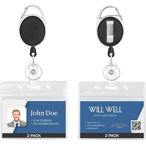 Will Well Durable ID Badge Holder Retractable 2 Pack - Horizontal - Black | Includes Clear Plastic 2.5' x 3.6' ID Sleeves Set Fit Up to 3 Cards - Retractable 24" UHMWPE Fiber Pull Cords for Easy Access