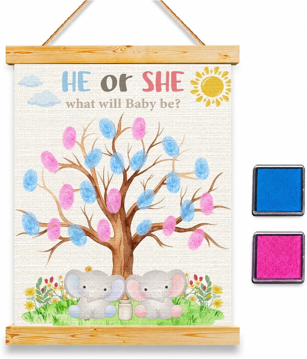 Elephant Gender Reveal Fingerprint Tree Wall Decor, Baby Shower Decoration | Boy or Girl Canvas Guest Books, Baby Shower Party Game & Decoration Supplies 15x12 Inch, Thumbprint Hanging Paintings