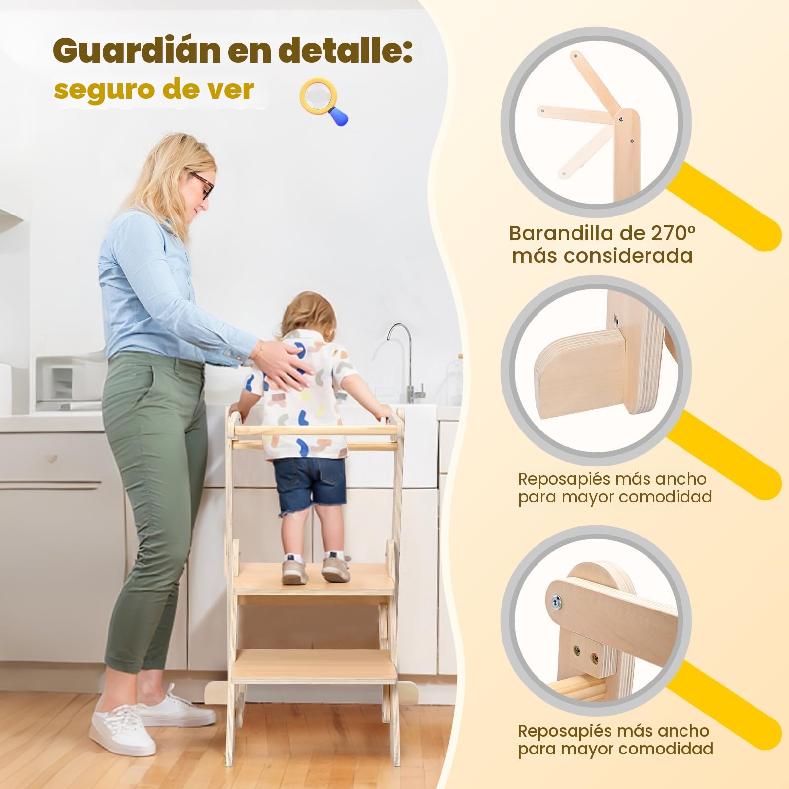 Torre de Aprendizaje Plegable, Torre de observación para niños de 1 a 5 años, Aprendizaje Montessori, ayudante de Cocina de Madera Natural, Segura y fácil de Montar (Capacidad de 50 kg)