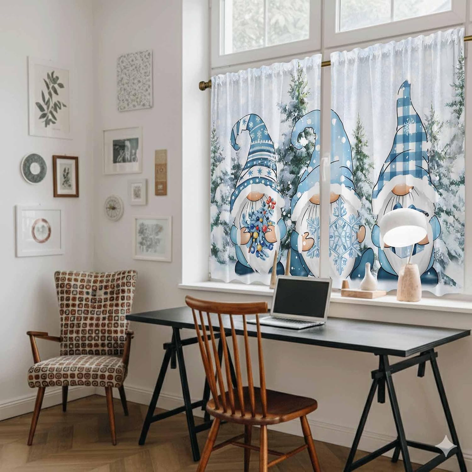 Blue Gnomes Christmas Kitchen Tier Curtains 45 Inch Long 2 Panel Set, Rod Pocket Short Window Treatment, Xmas Tree Snowflake Gifts Light Filtering Curtains & Drapes for Bathroom Basement 27.5"W x 45"L