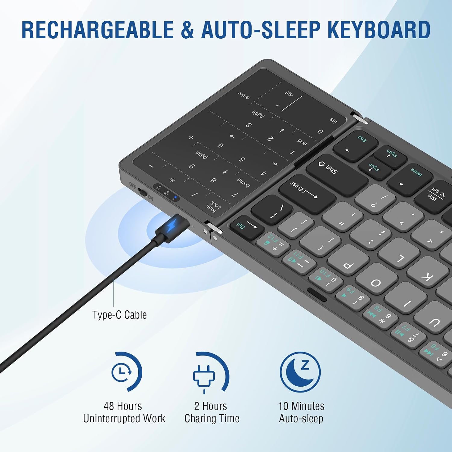 EDJO Foldable Bluetooth Keyboard connected to a Type-C charging cable, with icons indicating 48 hours uninterrupted work, 2 hours charging time, and 10 minutes auto-sleep.