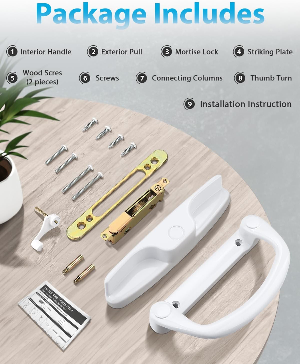 Probrico Patio Sliding Door Handle Set with Mortise Lock, Non-Keyed Sliding Glass Door Handles Replacement 45°, Reversible White Sliding Door Lock Set 3-15/16" Hole Spacing, 1" to 2" Thick Doors