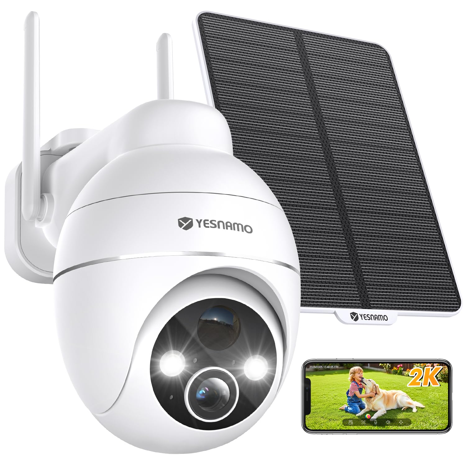 2K Camera Surveillance WiFi Exterieure sans Fil, Énergie Solaire et 360° PTZ, Caméra Solaire Batterie 2,4 G, Double Antenne Vision Nocturne Couleur, Détection PIR Audio Bidirectionnel Blanc
