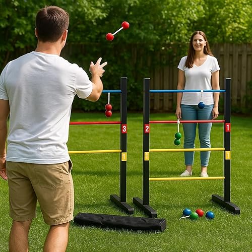 Miniatura 16 de Pro Ladder Toss - Juego de juego para interiores y exteriores, para juegos de patio y césped, con 6 bolas de goma suave, soportes de barras