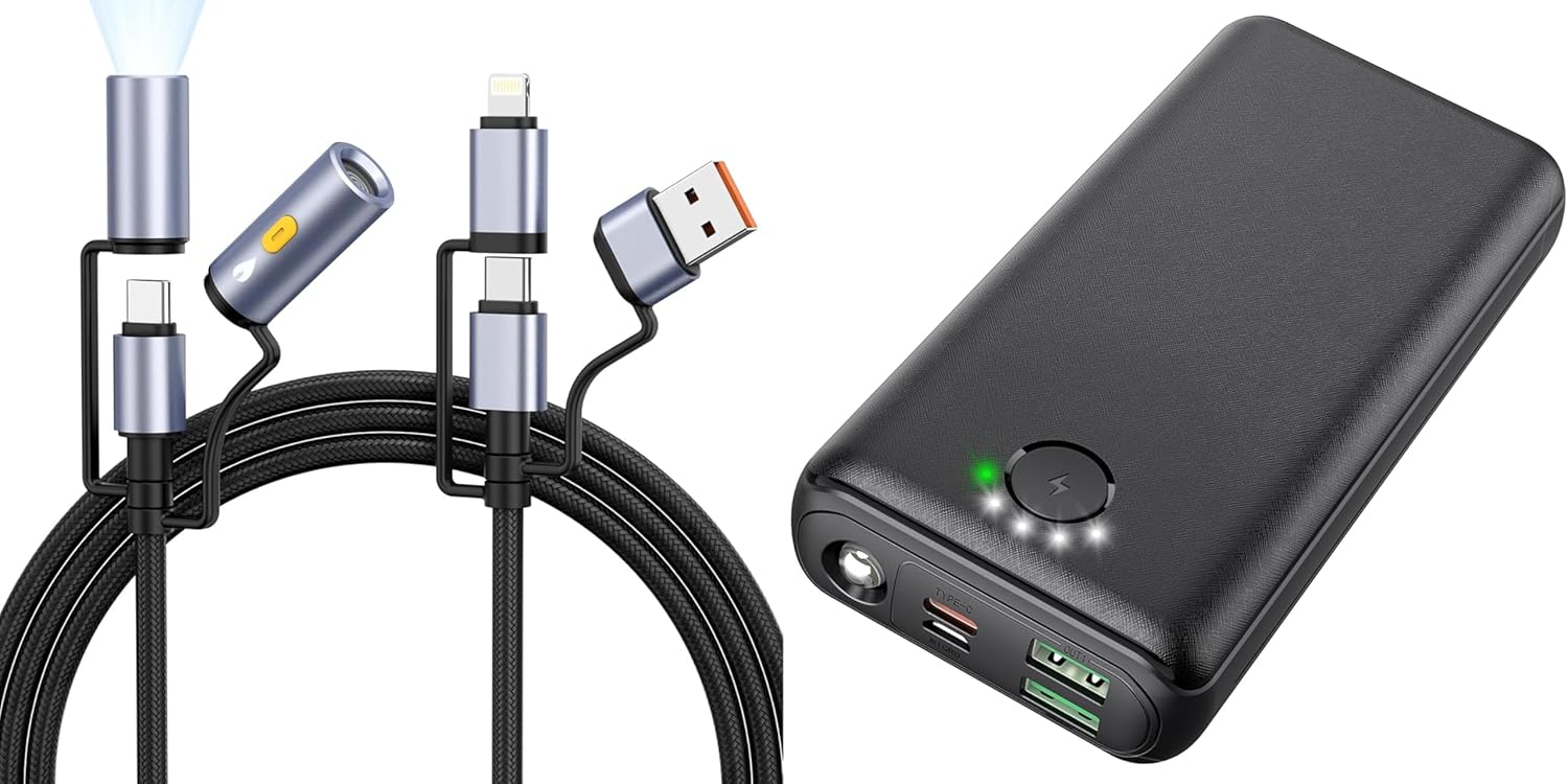 30000mAh Power Bank + 5-in-1 Charging Cable Bundle, 22.5W Fast Charging Portable Charger with 240W Multi-Function Cable, Built-in Flashlight & Lighter for Camping, Travel, and Emergencies