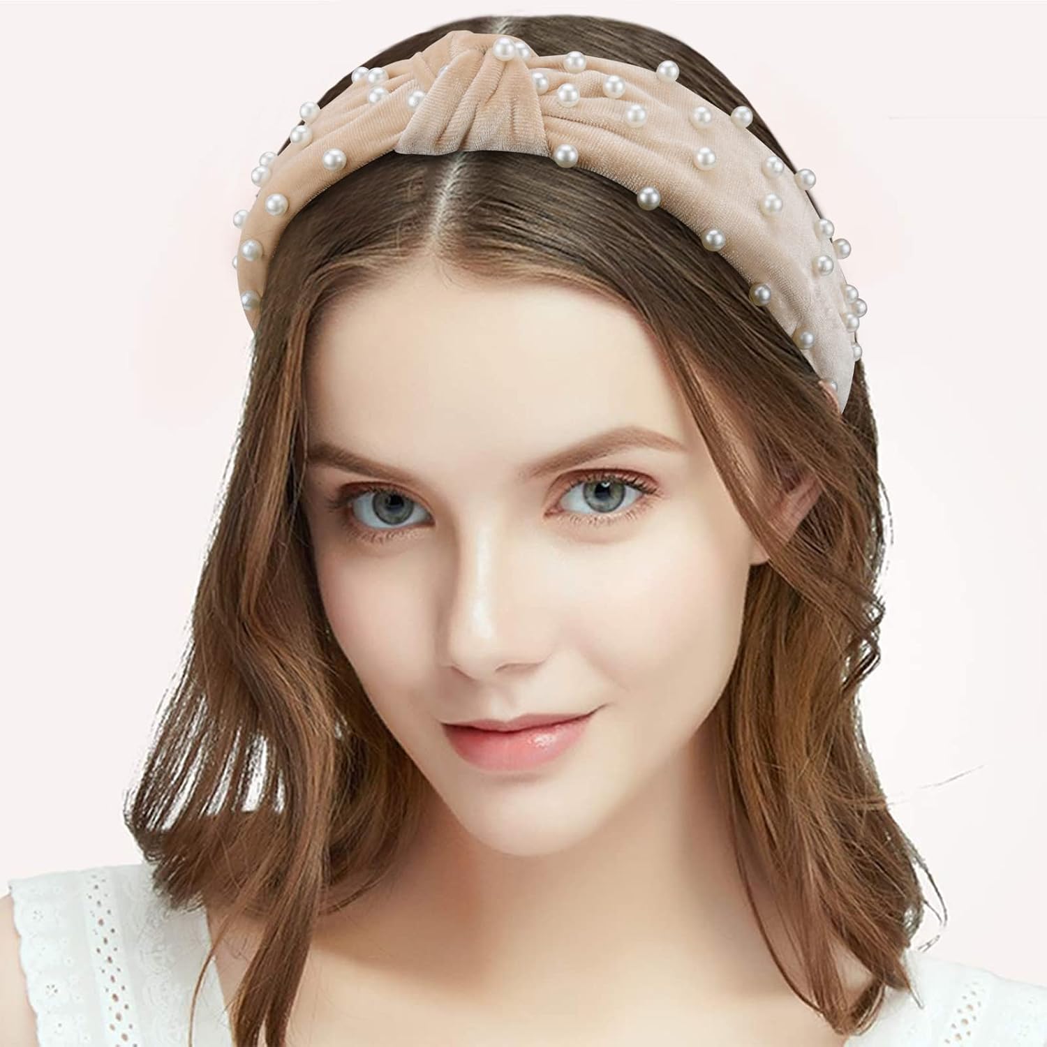 Jaciya Knotted Pearl and Velvet Headbands Pack - Wide Top Knot Turban Hairband Set for Women
