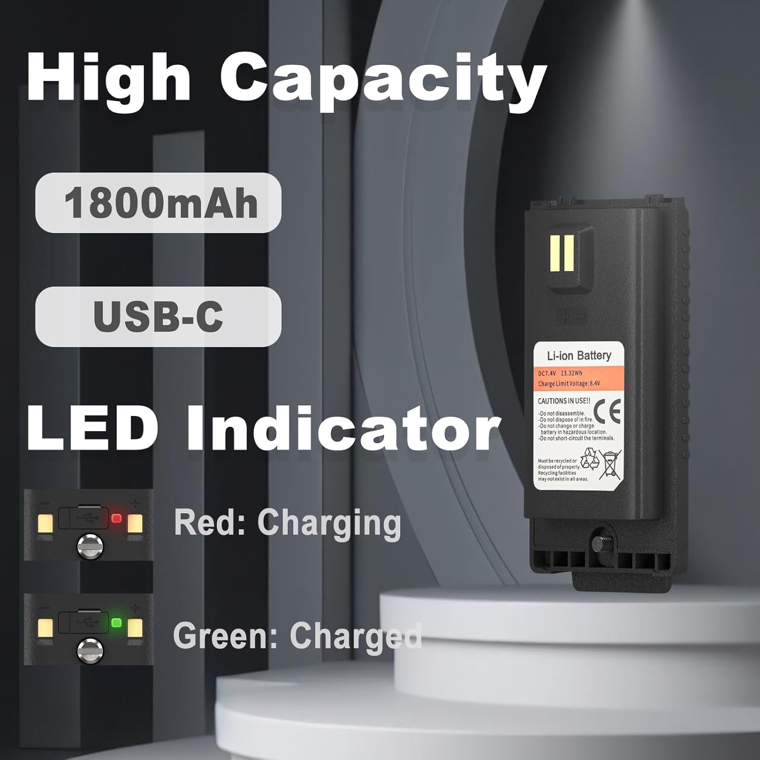 Close-up of the BAOFENG UV-18 Pro battery showing LED indicators for charging status: red for charging, green for charged.