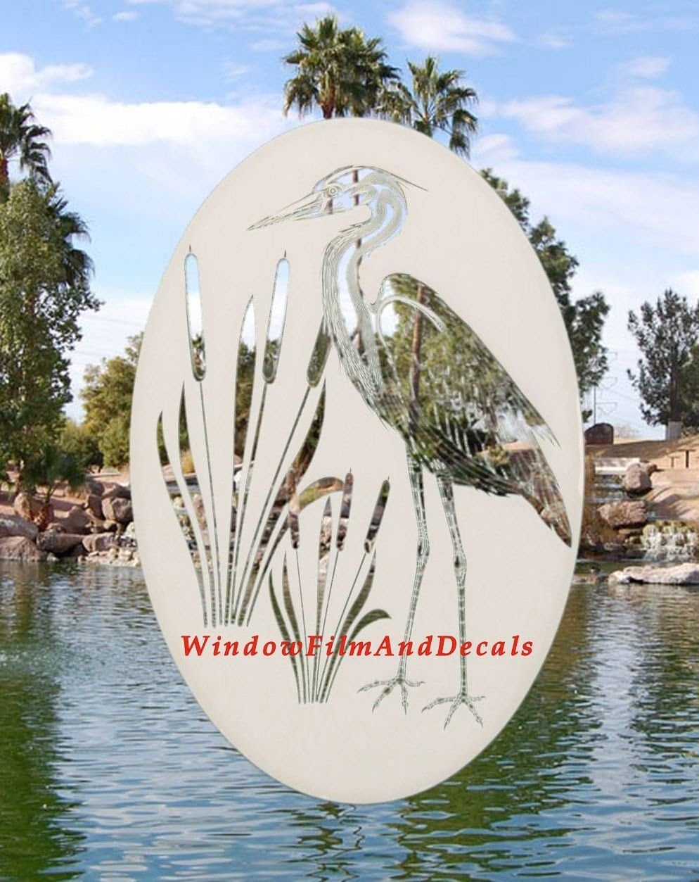 Oval Egret & Cattails Right Etched Window Decal Vinyl Glass Cling - 15" x 23" - White with Clear Design Elements