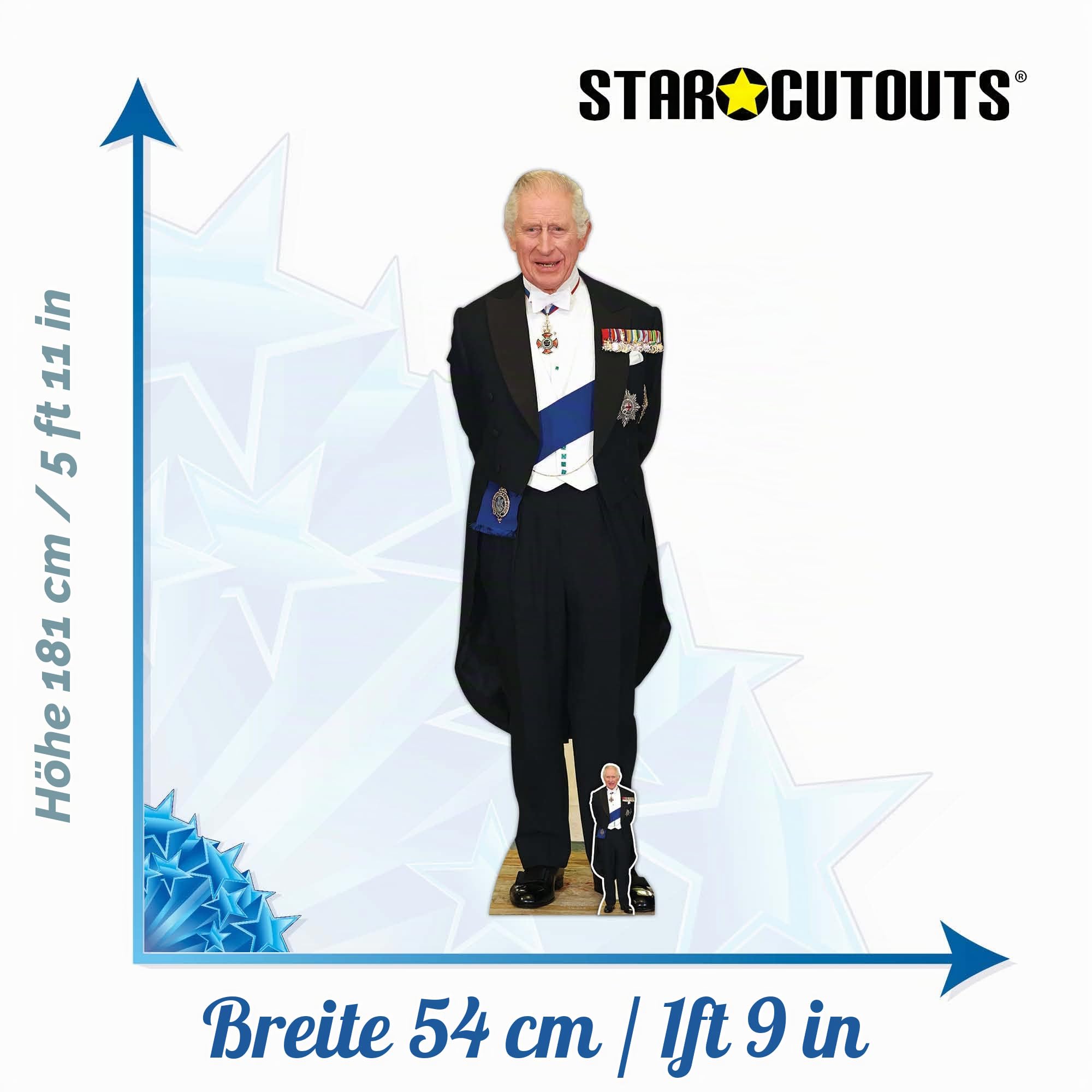 Star Cutouts SC4231 King Charles mit Medaillen, lebensgroßer Pappaufsteller mit Mini