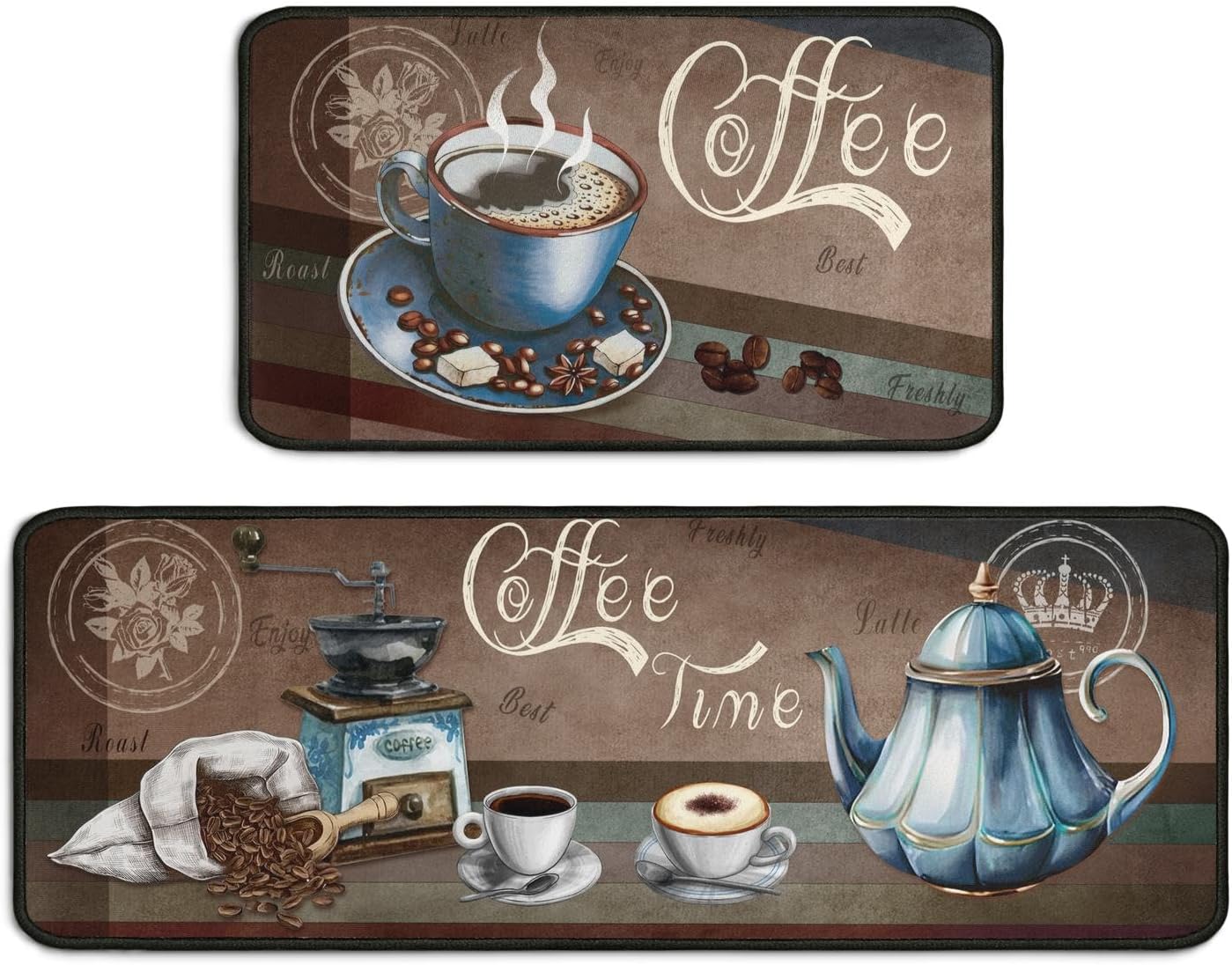 2 Piece Coffee Kitchen Decor Rug Set, Home Kitchen Sink Rugs and Mats Non Skid Washable Absorbent Microfiber Kitchen Floor Carpet 17"x47"+17"x30"