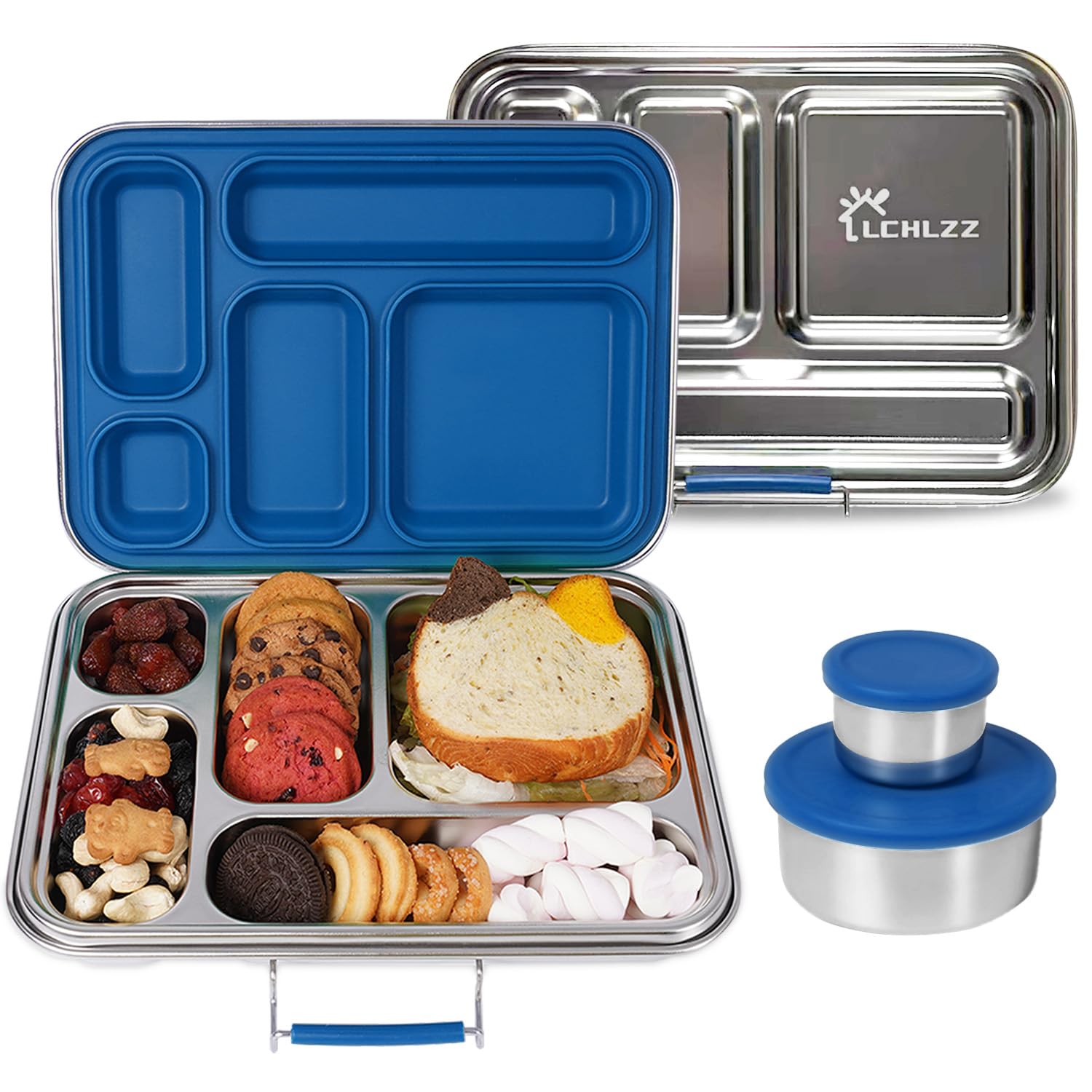 LCHLZZ Bento Box in acciaio inox, 5 scomparti con 2 contenitori bonus, a prova di perdite e senza BPA, contenitori per il pranzo in acciaio inox 304, per ufficio, viaggi, lavabili in lavastoviglie