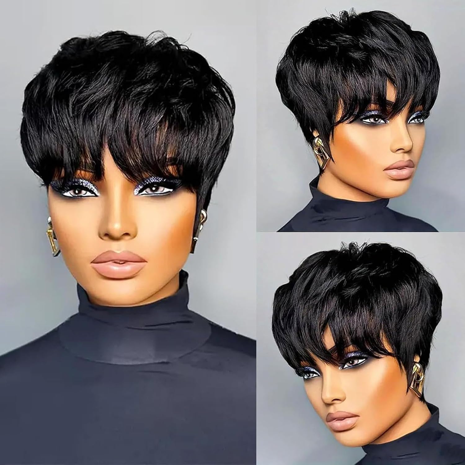 Pixie Cut Wig Human Hair for Black Women Short Pixie Cut Wigs 100% Real Human Hair Lightweight Glueless Natural Black Layered Pixie Wig Throw On and Go Wigs