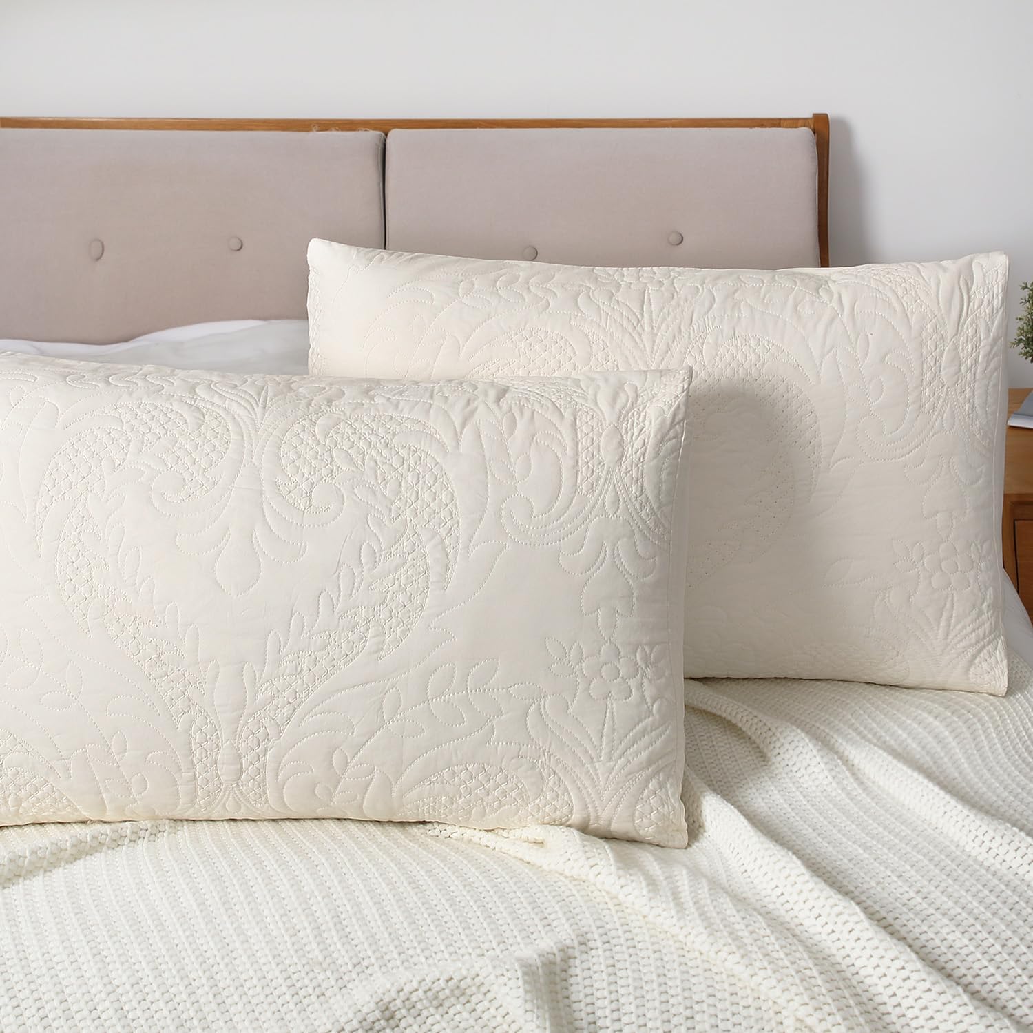 Quilted Pillow Sham Ivory Damask King Set of 2 Embroidered Floral Pillowcases Embossed Textured Cotton Vintage Pattern Cream 20×36 - Image 4
