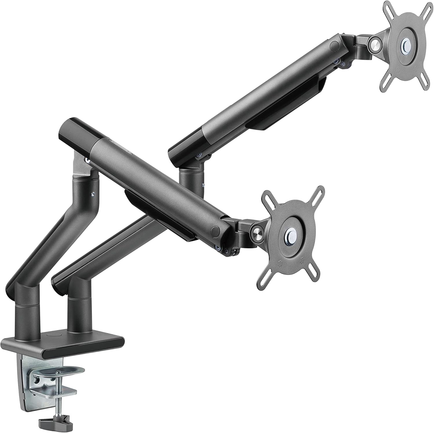 POUT E12 Dual Monitor Arm Mount Stand – Adjustable Full Motion Desk Mount for 17’’-32’’ Screens, Supports 4-22lbs per Arm, VESA 75x75mm & 100x100mm (Grey/Black)