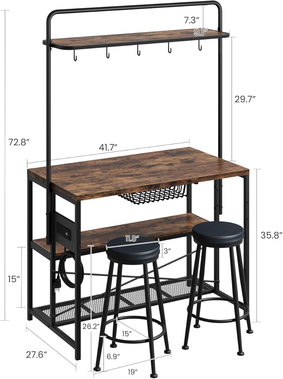 GAOMON 42" Kitchen Island Table Baker Rack with Power Outlet & 2 Bar Stools, Kitchen Storage Shelf with 3-Tier Storage & 5 Hooks, Microwave Stand Coffee Bar Table for Dining Living Room, Vintage