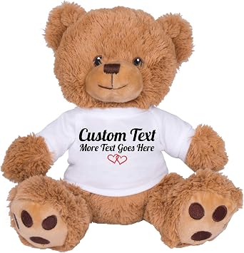 TeesAndTankYou Custom Teddy Bear 8 Inch with Custom Text, Personalized Gift for Anniversary, Graduation, Christmas, Brown Stuffed Animal White Shirt CT