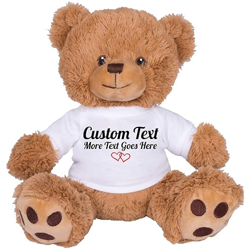 TeesAndTankYou Custom Teddy Bear 8 Inch with Custom Text, Personalized Gift for Anniversary, Graduation, Christmas, Brown Stuffed Animal White Shirt CT