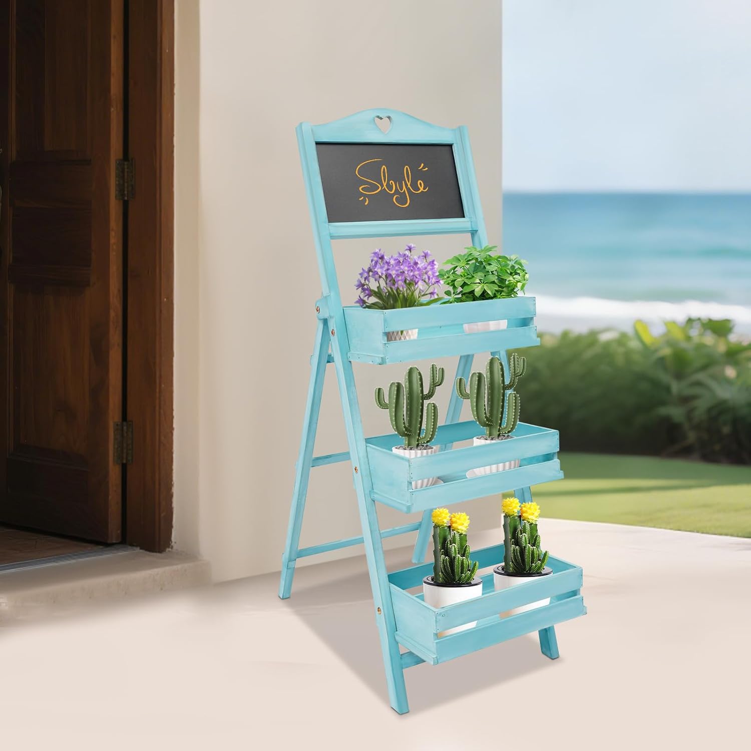 3-Tier Plant Stand,Ladder Shelf For Plants,Basics Ladder Bookshelf Organizer,Wooden Plant Rack With Chalkboard With Blackboard And Guardrails For Indoor/Outdoor Use,14.76*18.11*42.91in (Blue)