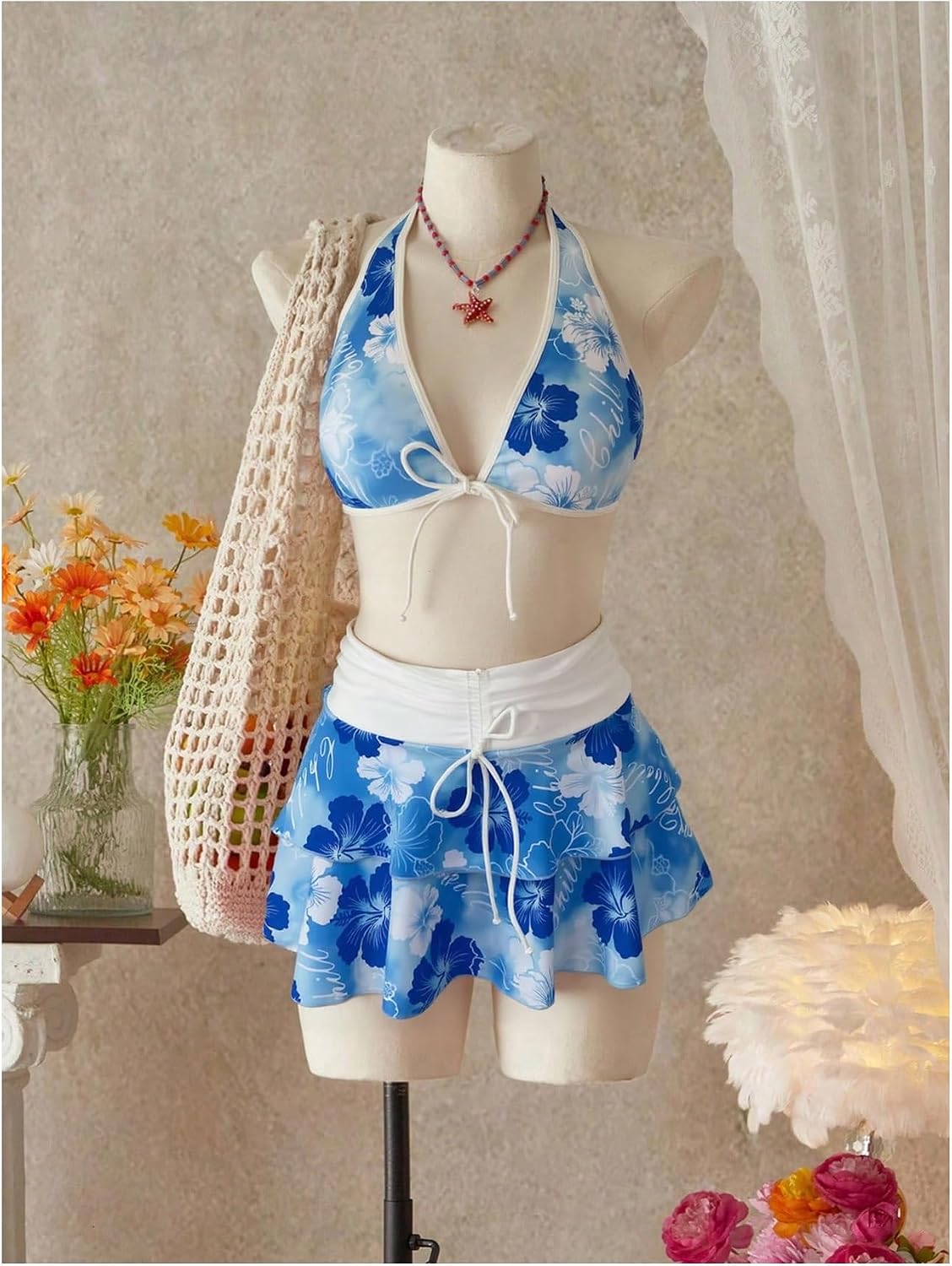 Verdusa Women's 3 Piece Boho Floral Halter Bikini Set Tie Back Swimsuit with Cover Up Skirt Vacation Outfits