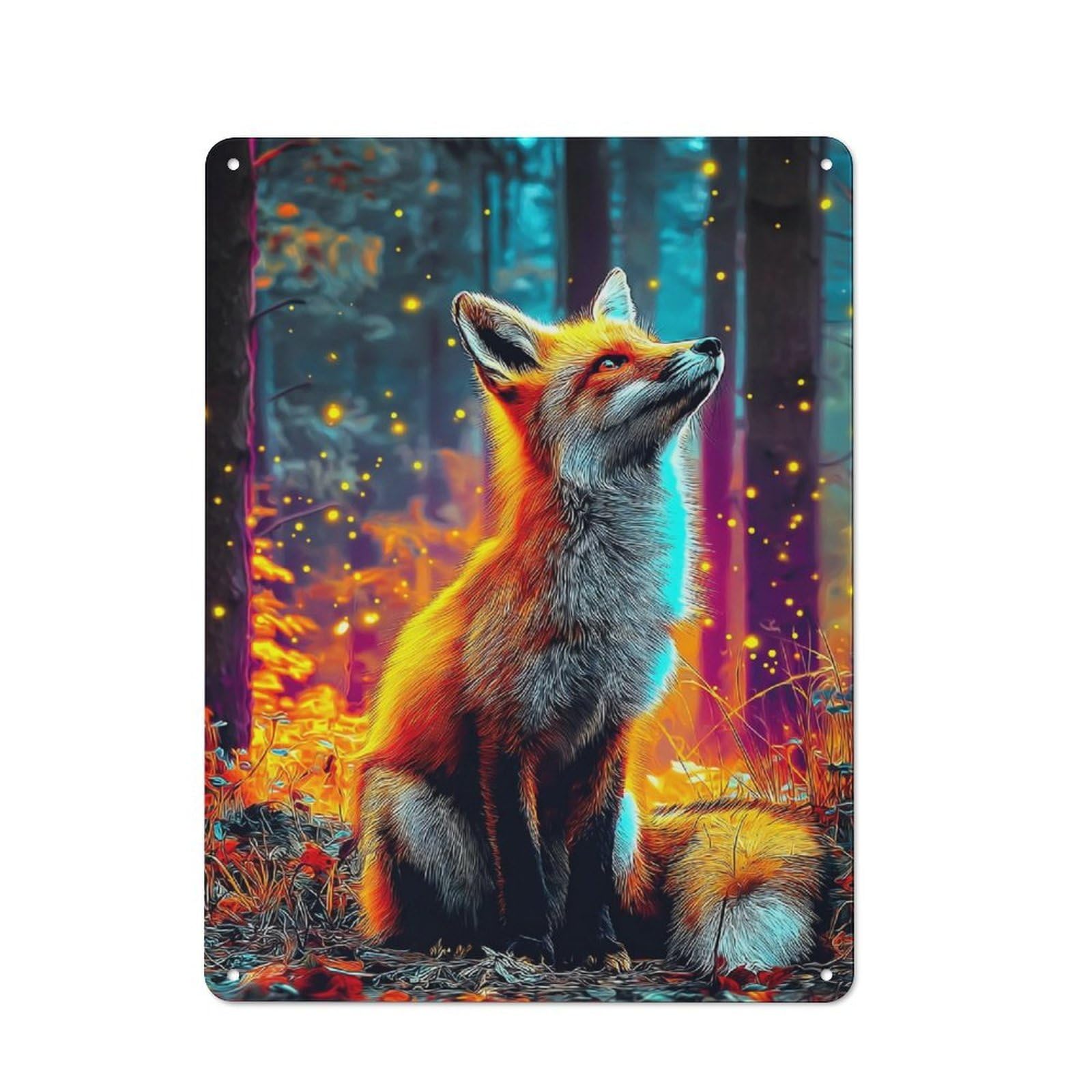 Junmoney Magical Forest Fox Loft Style Metal Wall Decor 40X30cm, Decorative Metal Plaque For Loft, Studio, Office Or Creative Room