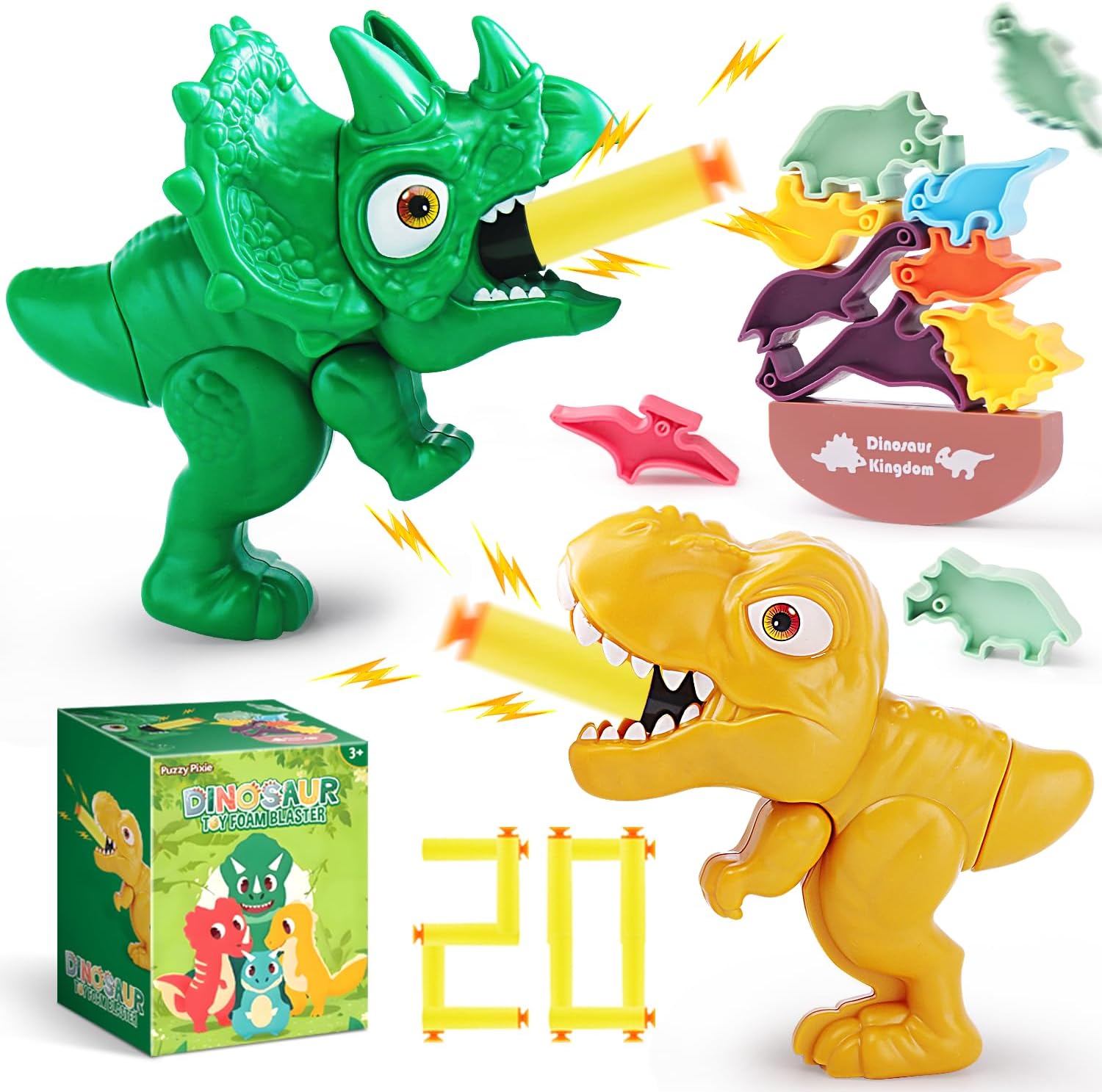 Dinosaur Shooting Game Toy for Kid 3 4 5 6 7 8 Years, 2 Pack Blaster Guns Set, 20 Soft Foam Darts Compatible with Nerf, 10 Building Block Targets, Holiday Party Birthday Gift Child Toddler Boy Girl