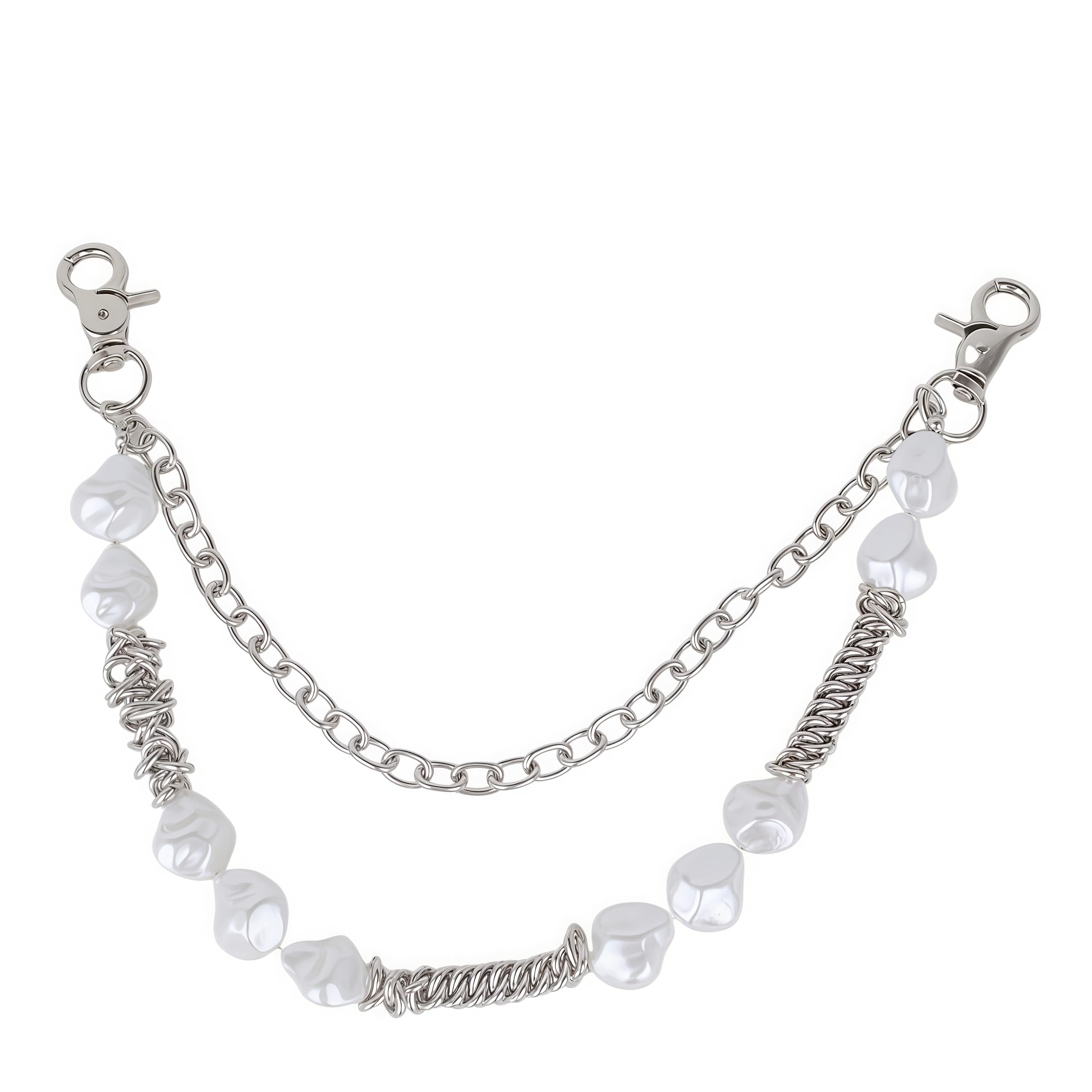 Layered Pearl Metal Wallet Chain, 2-in-1 Silver Bag Chain &amp; Pants Chain for Women, Edgy Statement Accessory for Handbags, Jeans, Streetwear Fashion
