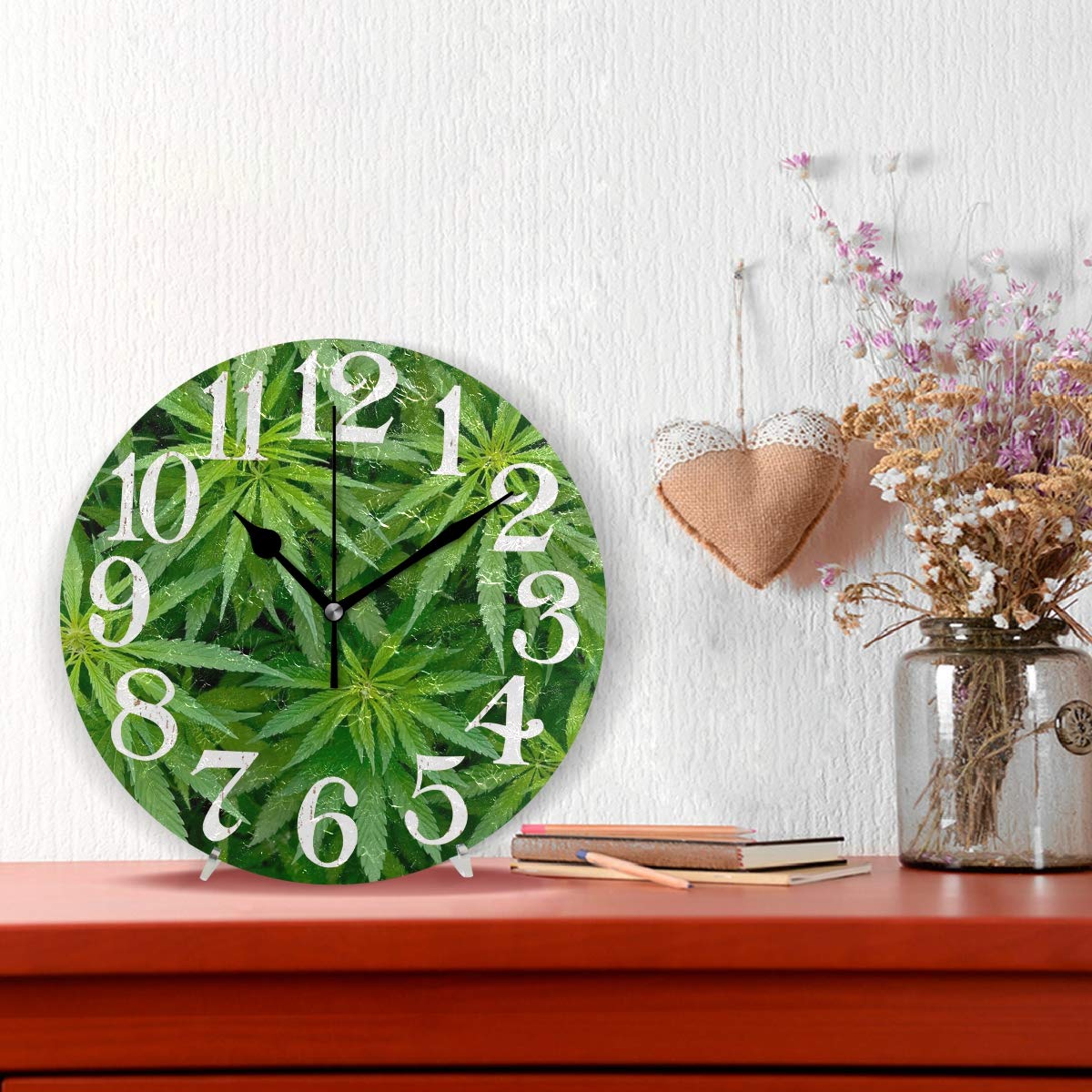 Naanle Green Marijuana Leaf Cannabis Weed Plant Leaves Round/Square/Diamond Acrylic Wall Clock Oil Painting Home Office School Decorative Creative Dual Use Clock Art