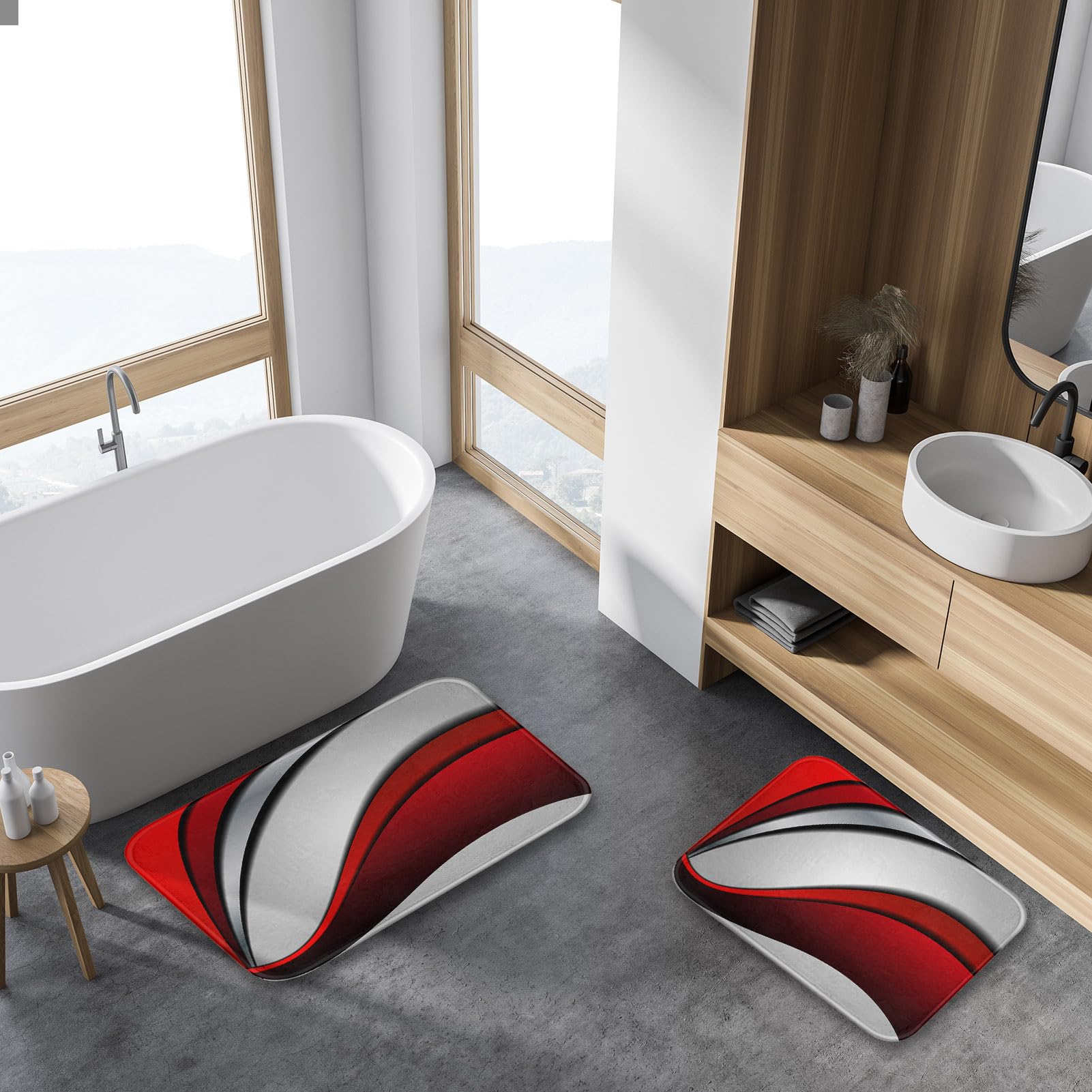 Britimes Lot de 2 tapis de salle de bain modernes - Motif abstrait - Rouge et gris - Lavable - Tapis de sol - Décoration de salle de bain - 40,6 x 61 cm et 50,8 x 81,3 cm