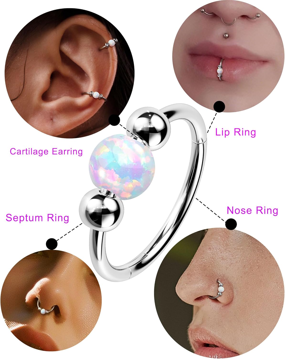 Jewseen 2PCS 316L Surgical Steel Nose Rings Hoop 18g 20g Opal Nose Rings for Women Septum Rings 8mm/10mm Nose Piercing Jewelry Cartilage Earring - Image 3