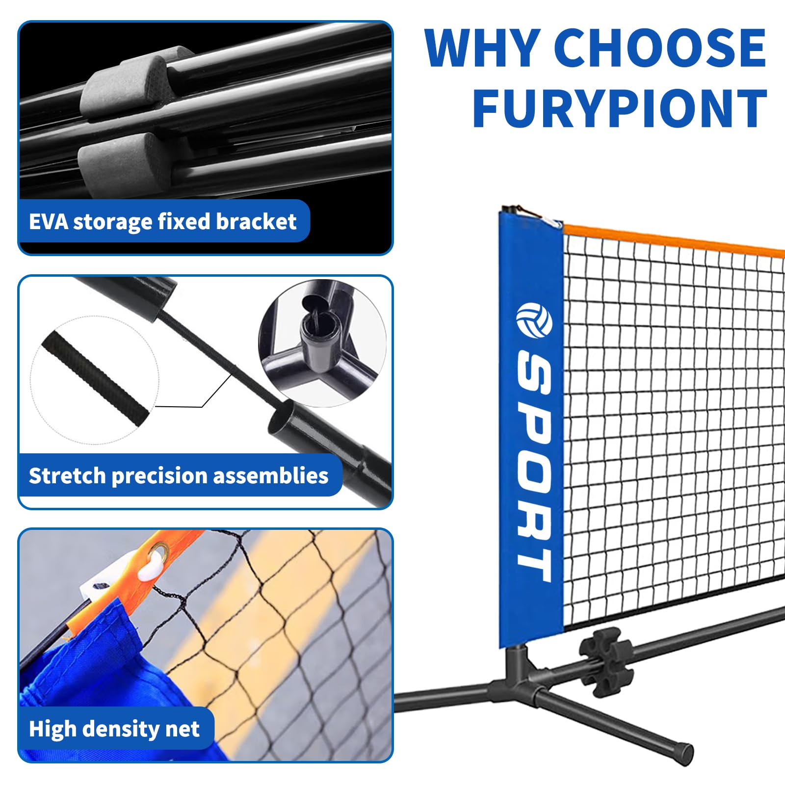 Furypiont Mini filet de pickleball portable de 3 m – Filet de tennis pour allée, jardin, 2 raquettes de pickleball, 8 balles de pickleball et sac de transport portable, filet de pickleball pour
