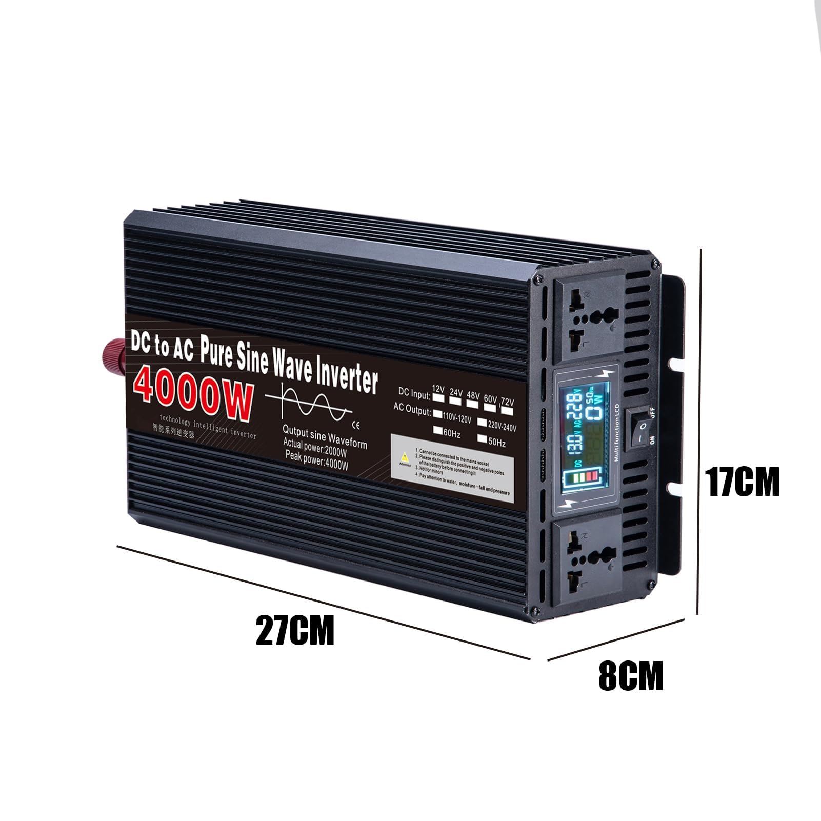 Falownik czystej fali sinusoidalnej, 4000W 12V/24V/48V/60V/72V DC na AC 110V/220V Konwerter mocy samochodowy solarny do kampingu/pojazdów kempingowych i systemów off-grid
