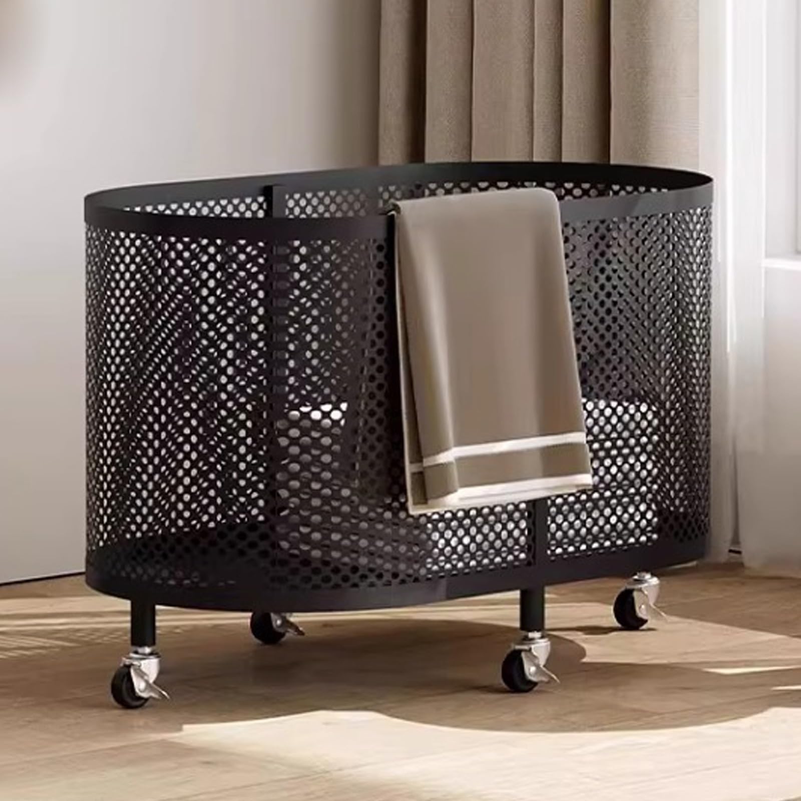 360° rollbarer Metall-Wäschekorb mit Rädern, tragbarer Wäschekorb für Schlafzimmer, Badezimmer, Wohnzimmer, Schwarz
